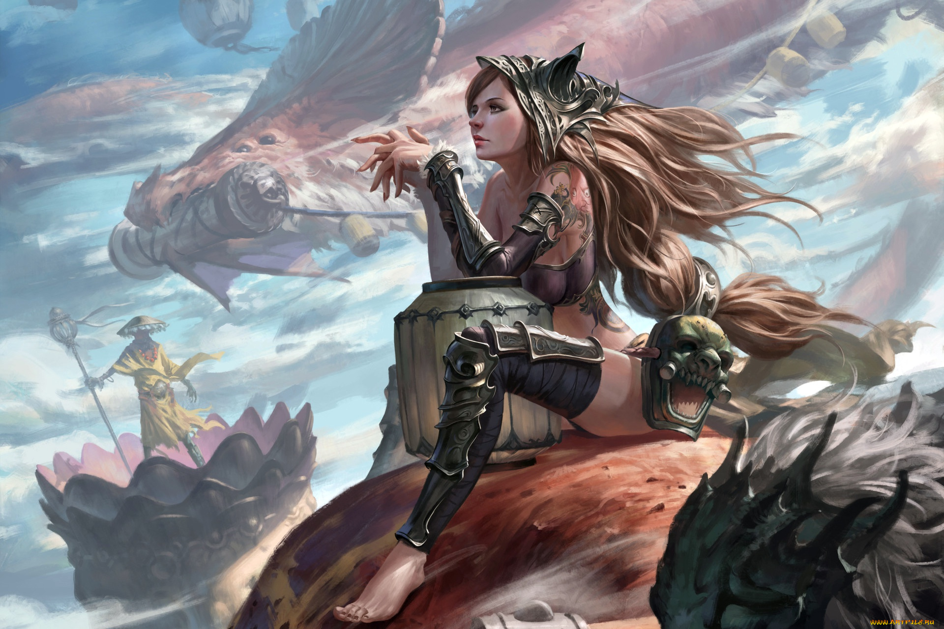 фэнтези, девушки, painting, tattoo, artwork, dragon, warrior, mask, helmet, girl, fantasy, art, digital, armor, long, hair