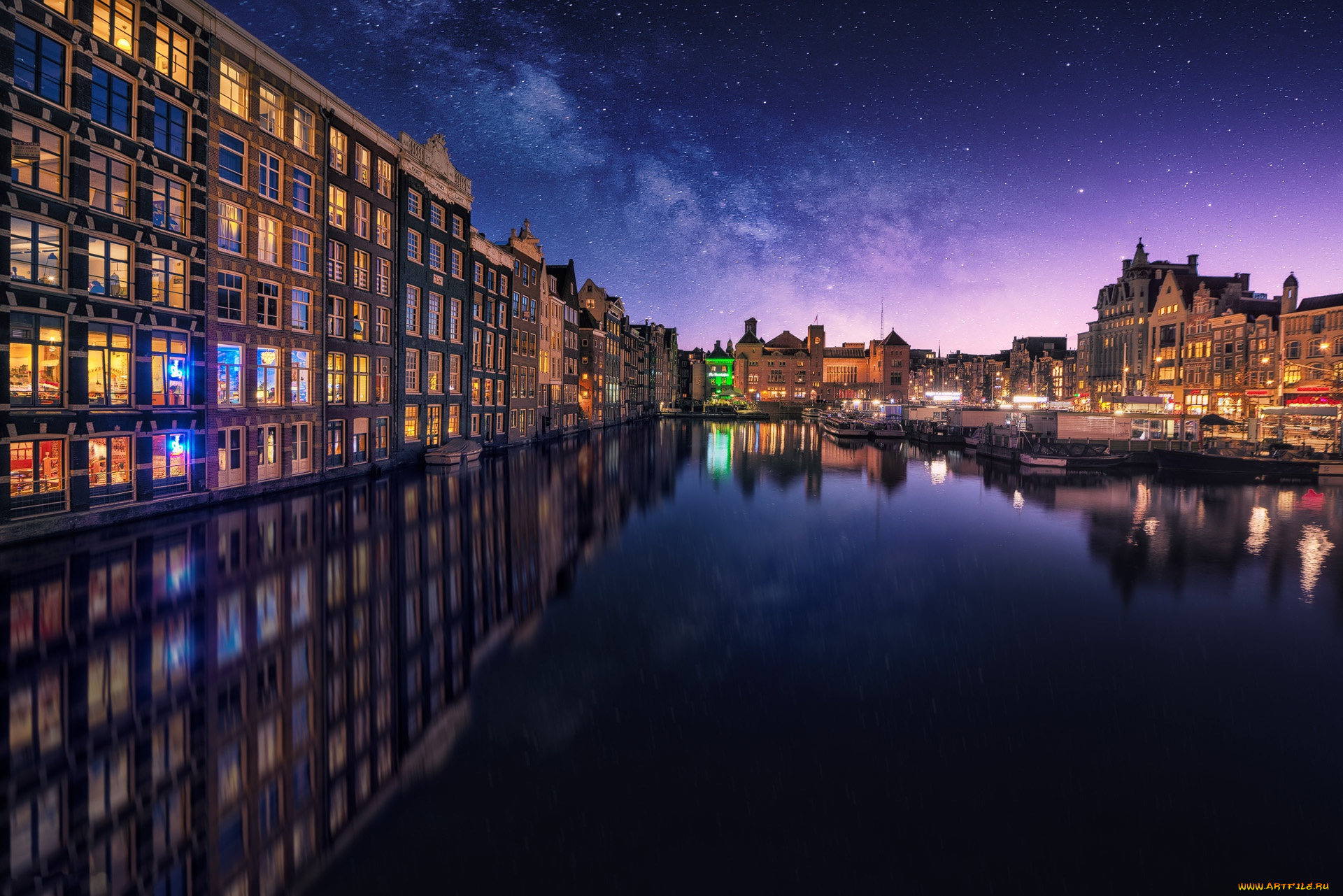 города, амстердам, , нидерланды, ночь, млечный, путь, небо, звезды, амстердам, город