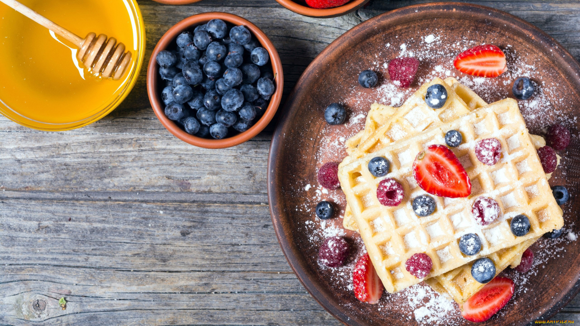 еда, блины, , оладьи, ягоды, мед, вафли