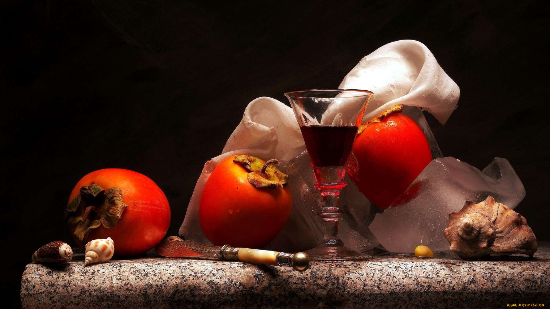 еда, хурма, бокал, вино, ракушки