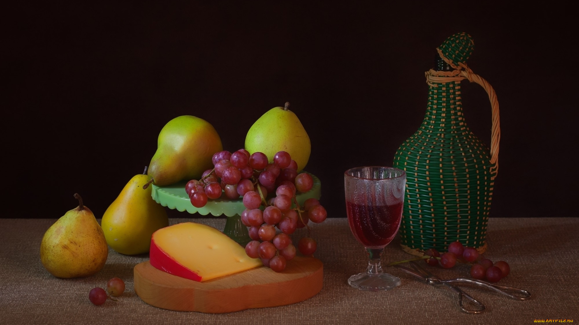 еда, натюрморт, груши, виноград, сыр, вино