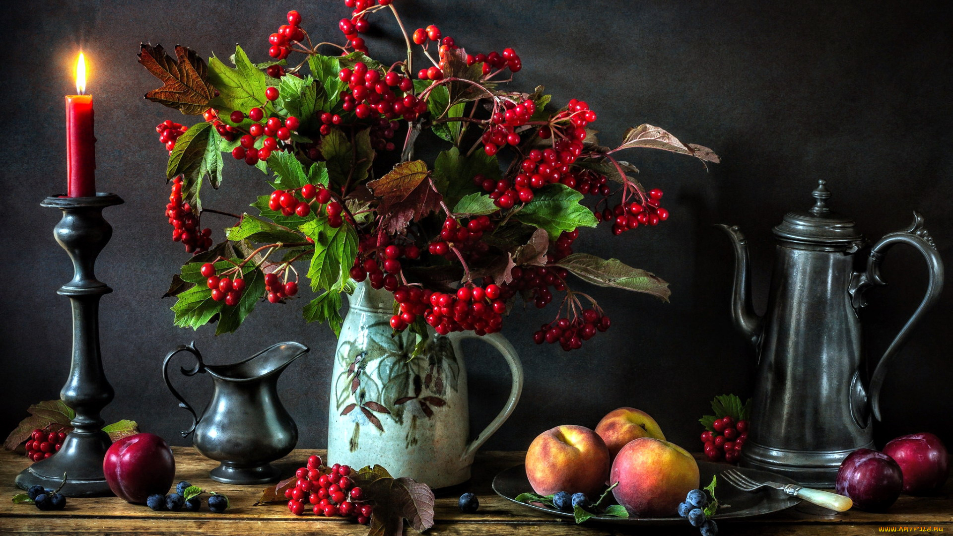еда, натюрморт, свеча, сливы, персики, калина