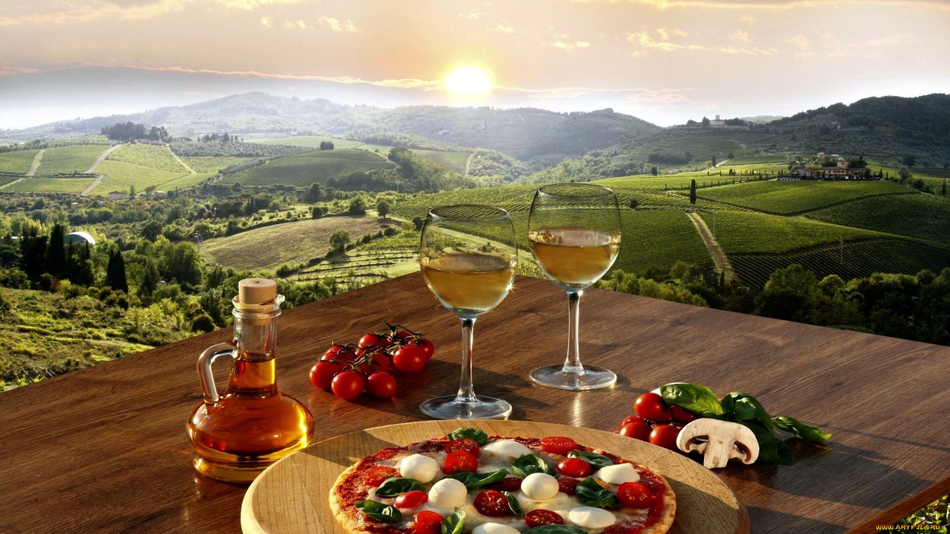 еда, пицца, томаты, масло, вино