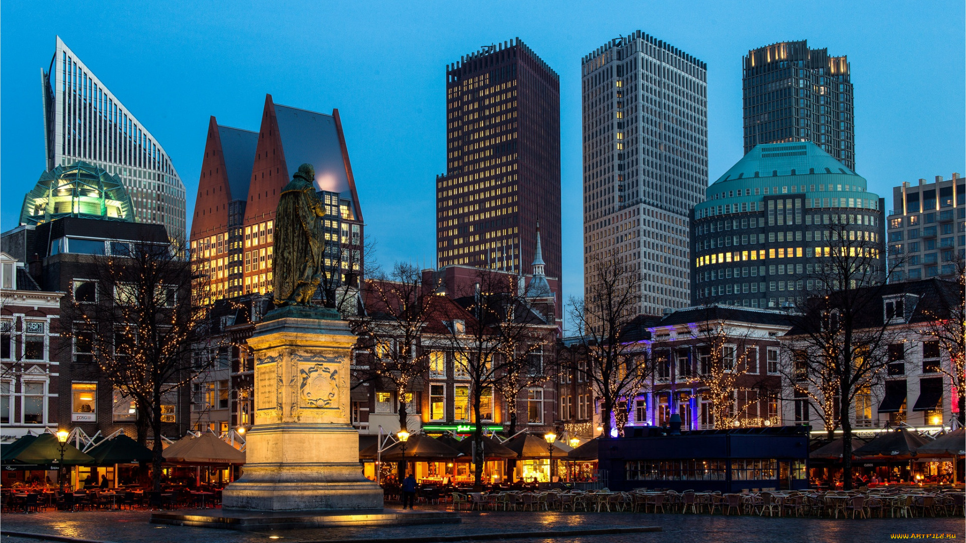 гаага, нидерланды, города, -, огни, ночного, города