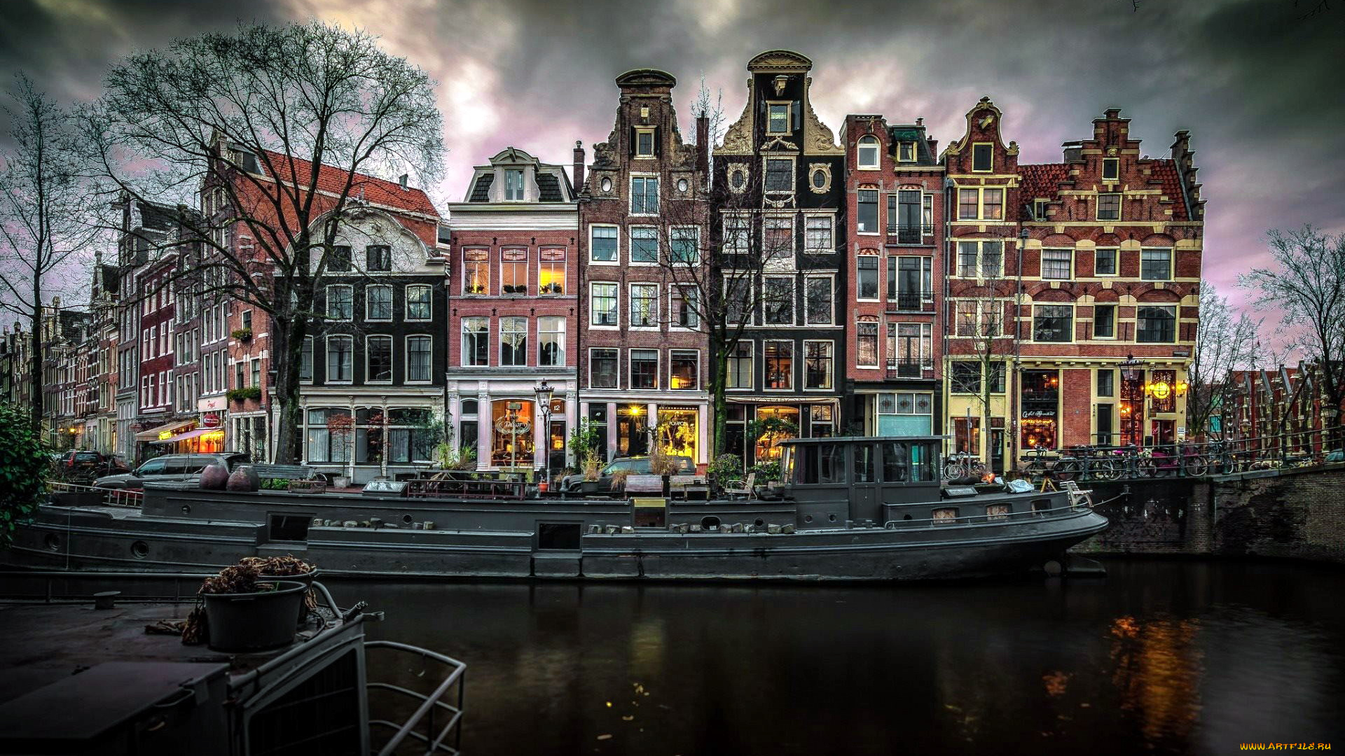 города, амстердам, , нидерланды, баржа, канал