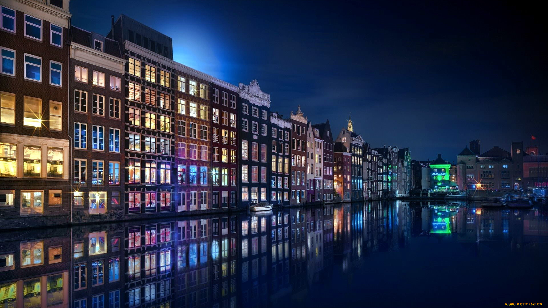 города, амстердам, , нидерланды, канал, вече, огни