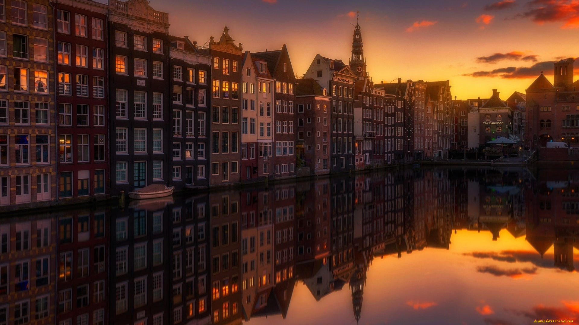 города, амстердам, , нидерланды, огни, вечер, канал