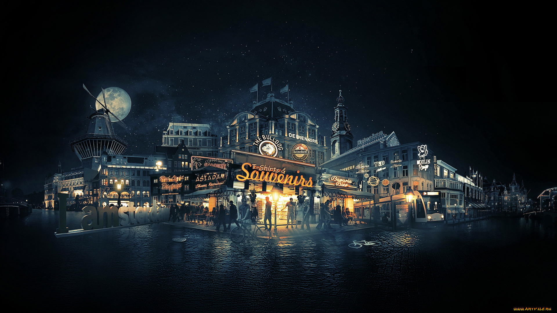 города, амстердам, , нидерланды, огни, вечер