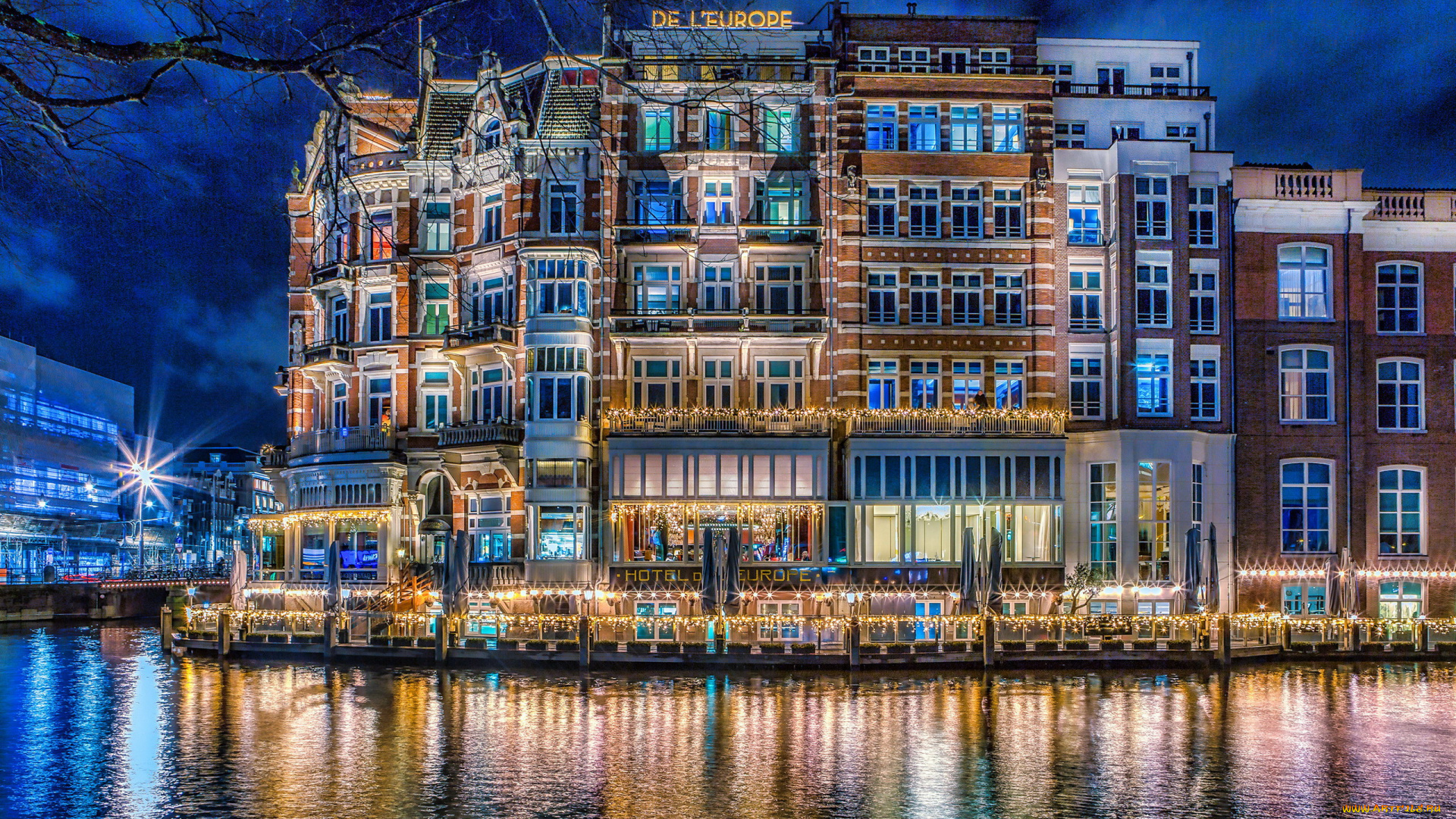 города, амстердам, , нидерланды, вечер, огни, канал