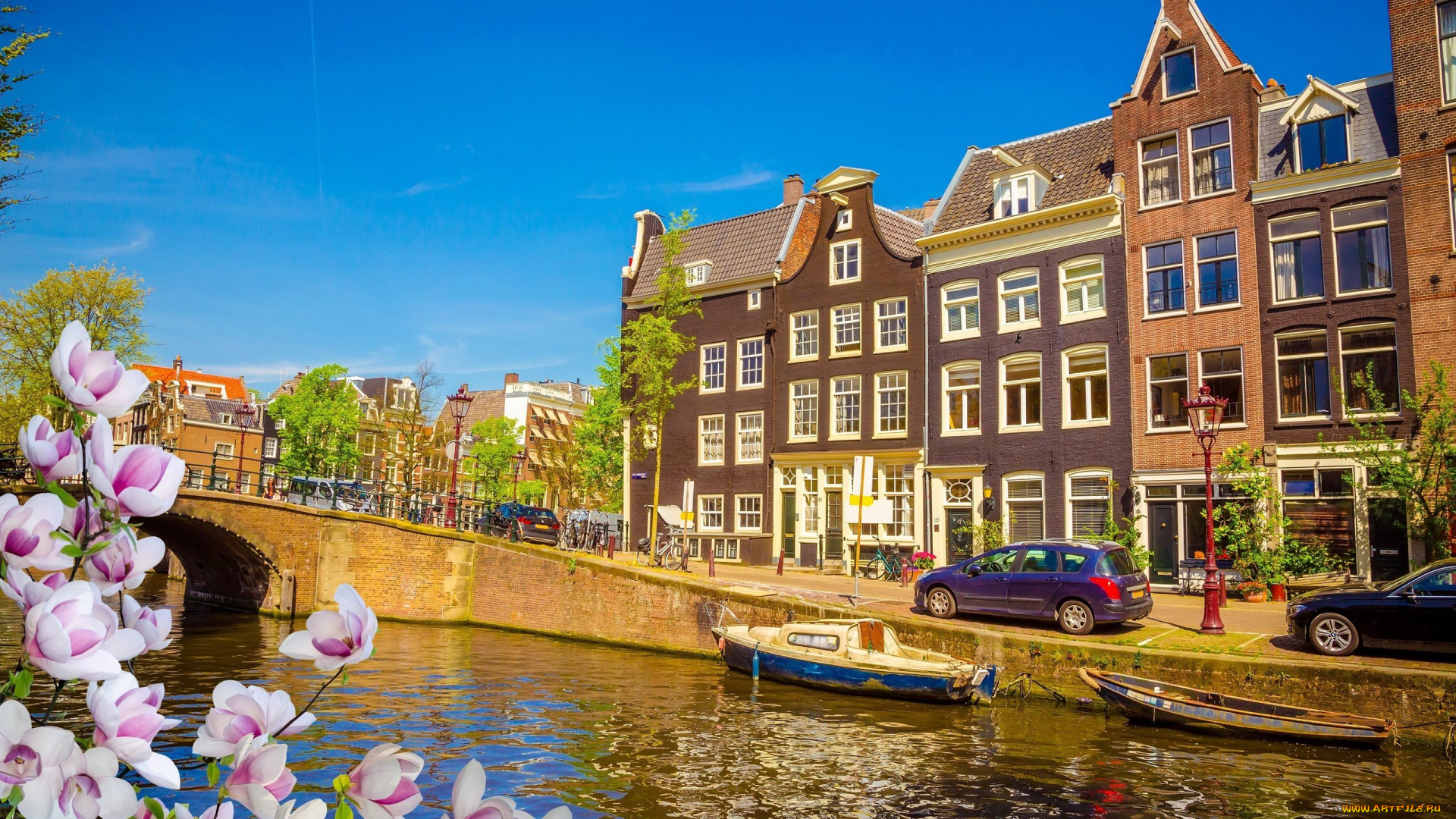 города, амстердам, , нидерланды, весна, мост, канал