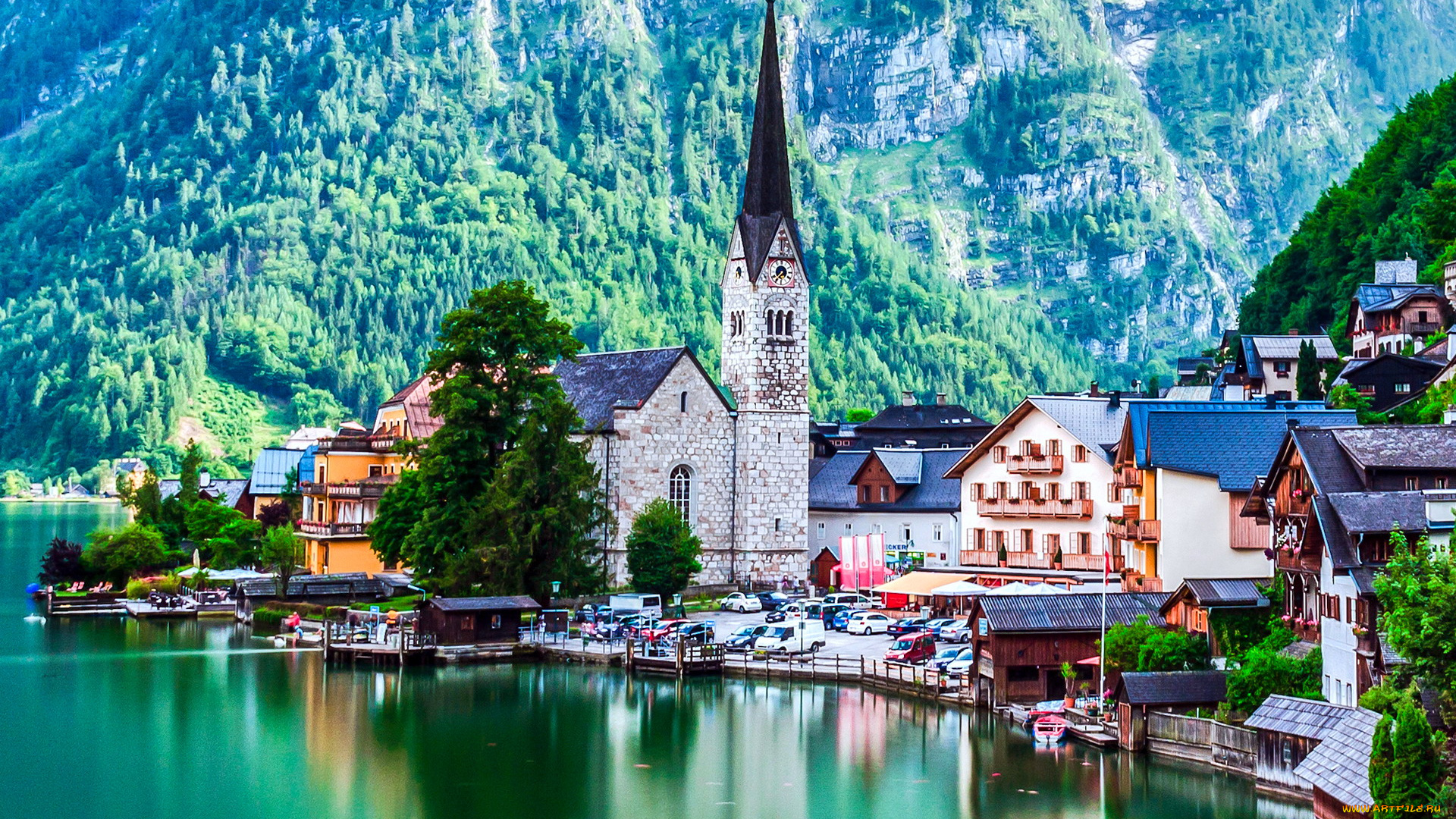 города, гальштат, , австрия, отражение, озеро, горы