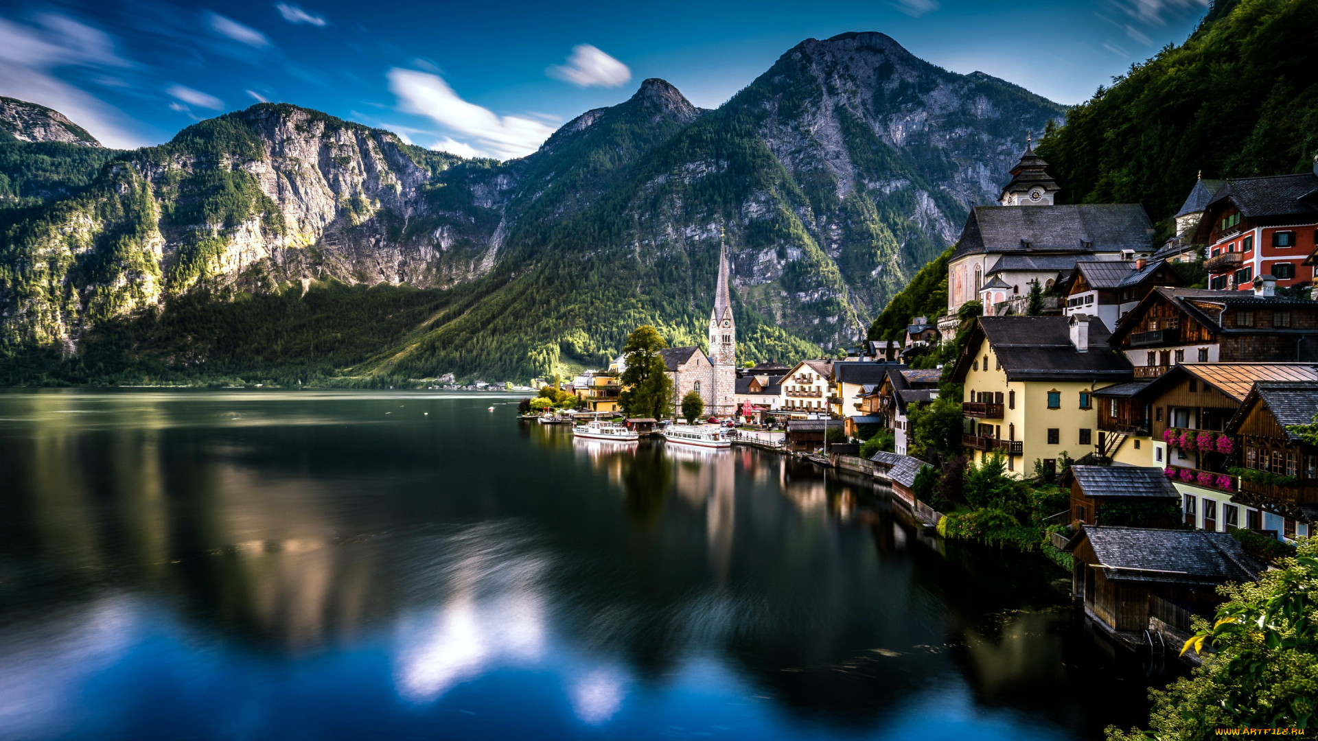 города, гальштат, , австрия, озеро, горы