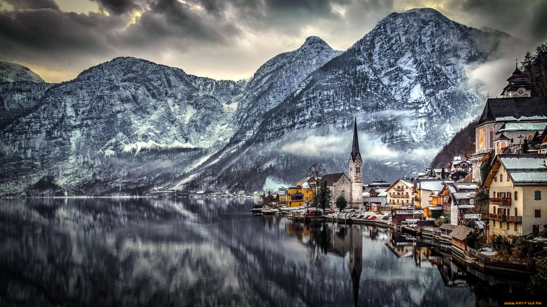 города, гальштат, , австрия, туман, озеро, горы
