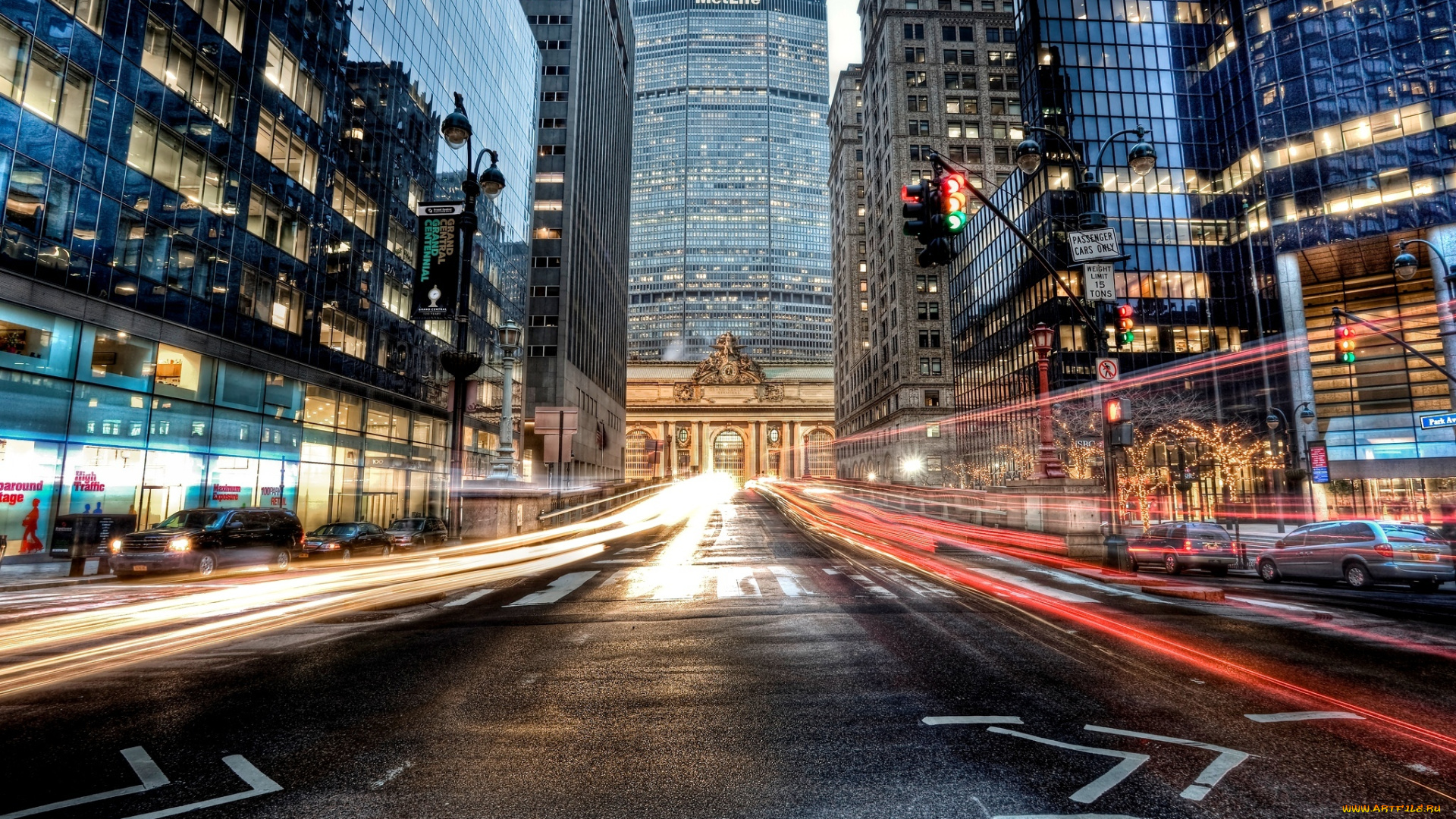 города, нью-йорк, , сша, дома, дорога, огни, улица