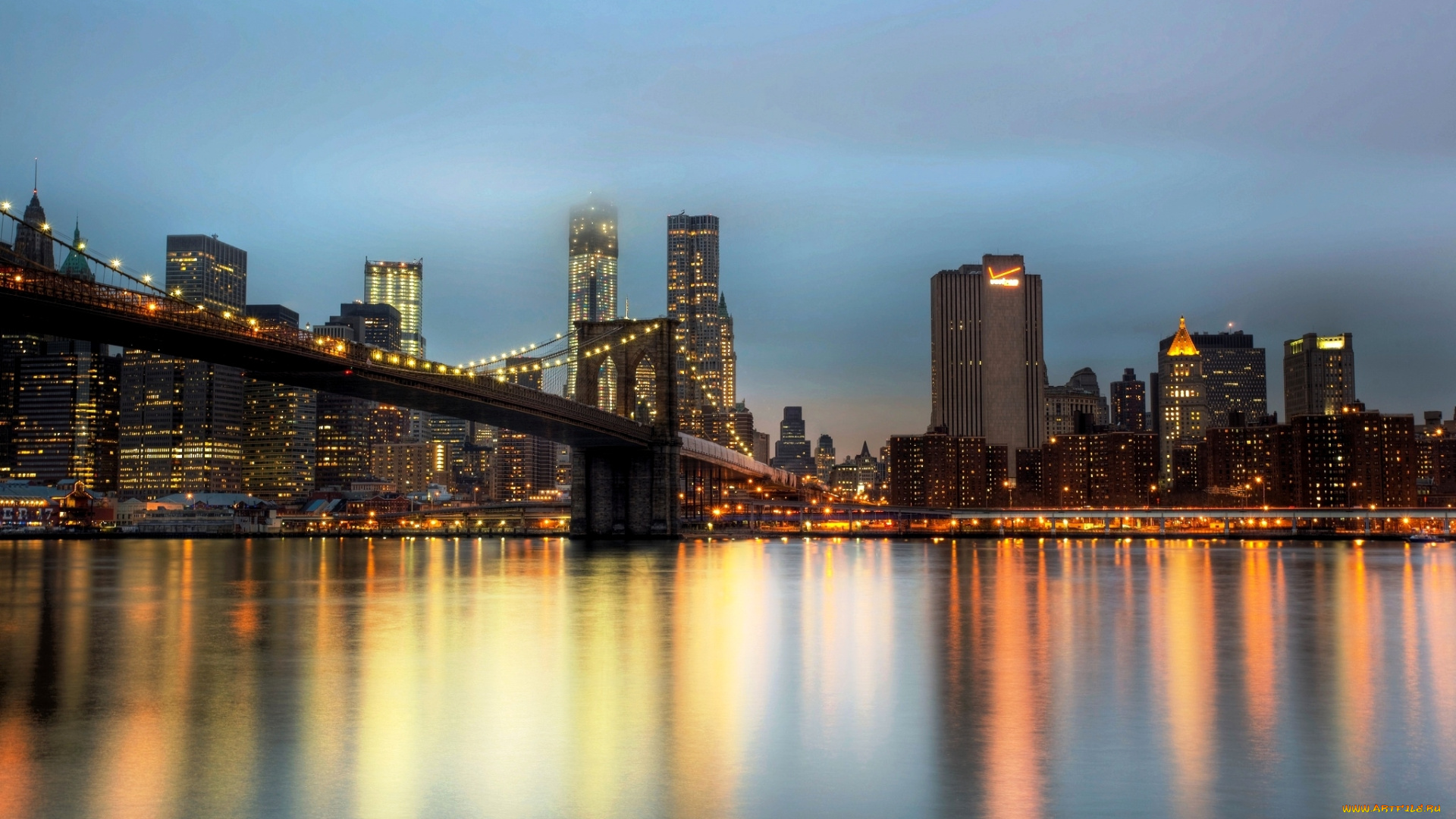 города, нью-йорк, , сша, небо, река, мост, огни, дома, здания, небоскребы