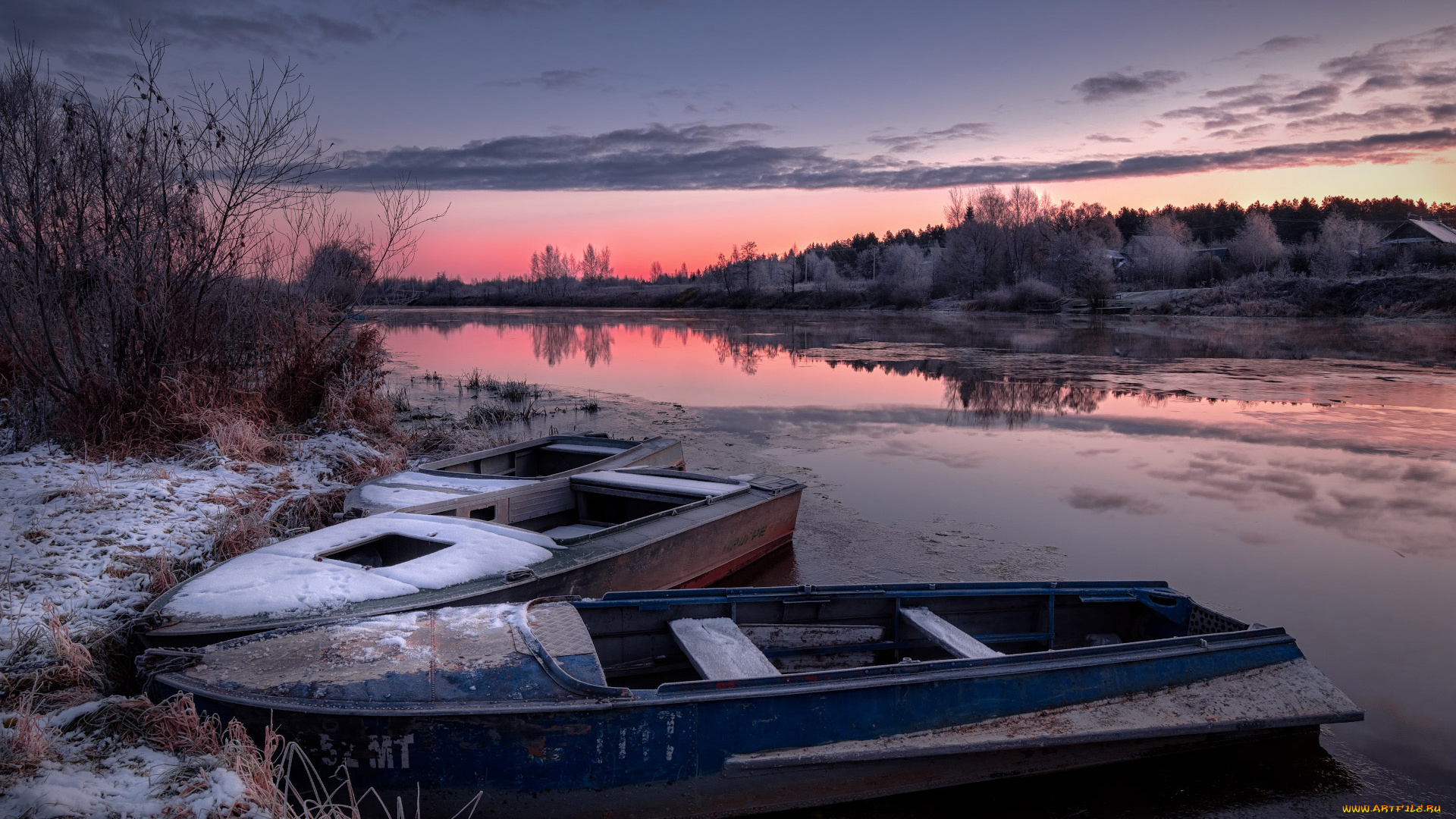 корабли, лодки, , шлюпки, река, снег, закат