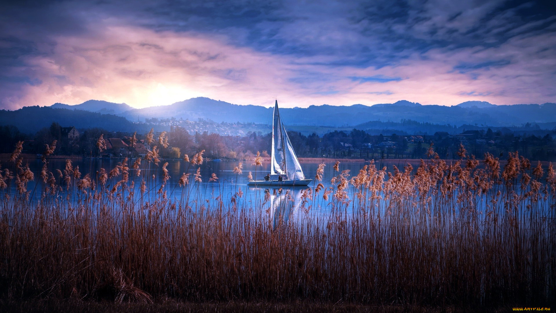 корабли, яхты, яхта, озеро, горы