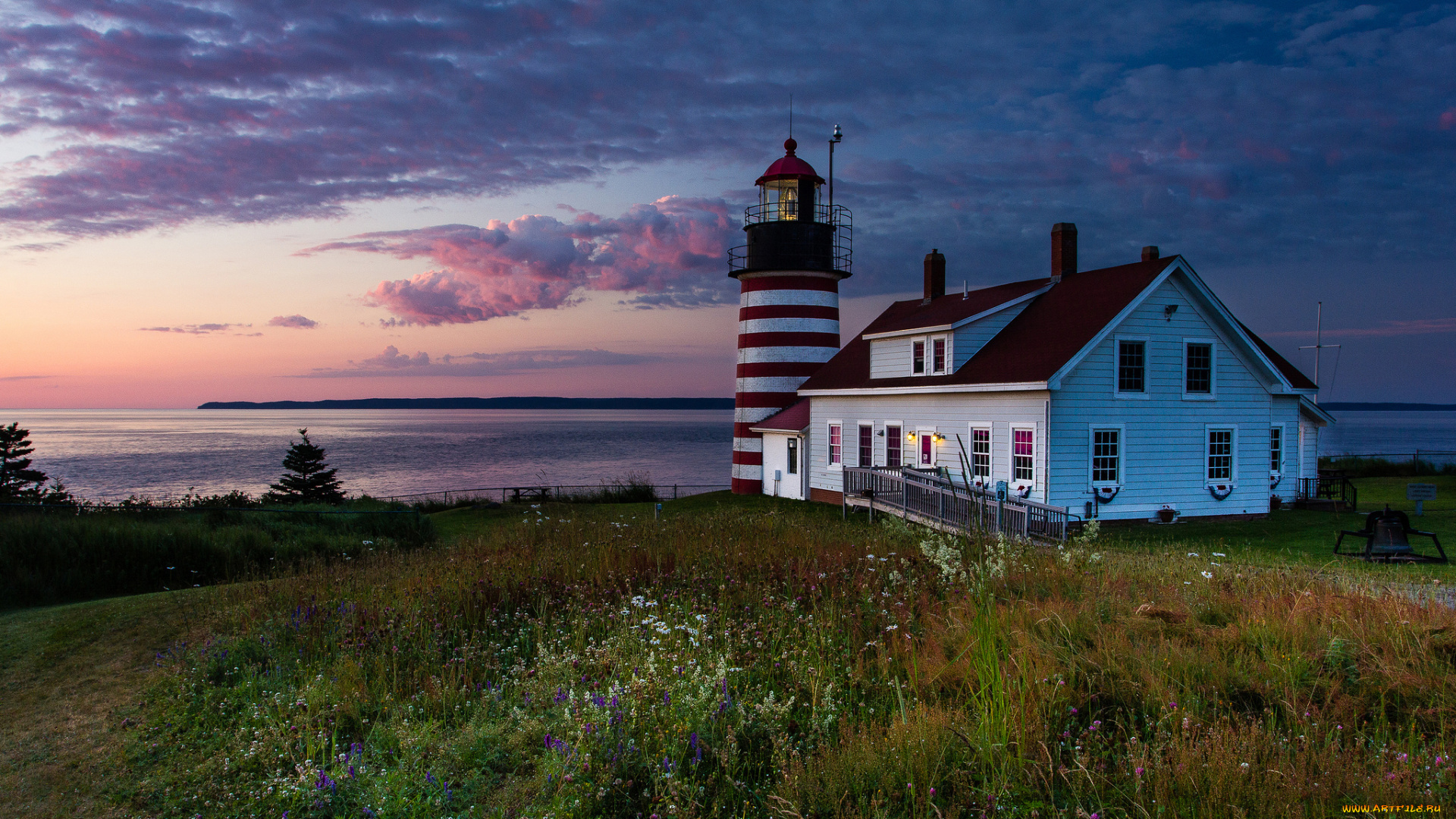 природа, маяки, трава, море, закат, тучи, небо, дом, маяк