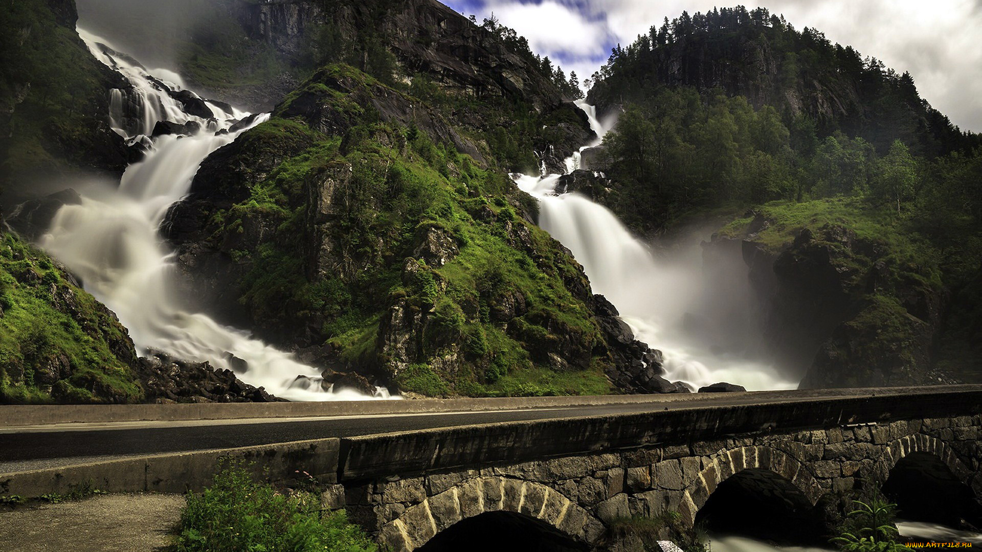 природа, водопады, мост, шоссе, горы