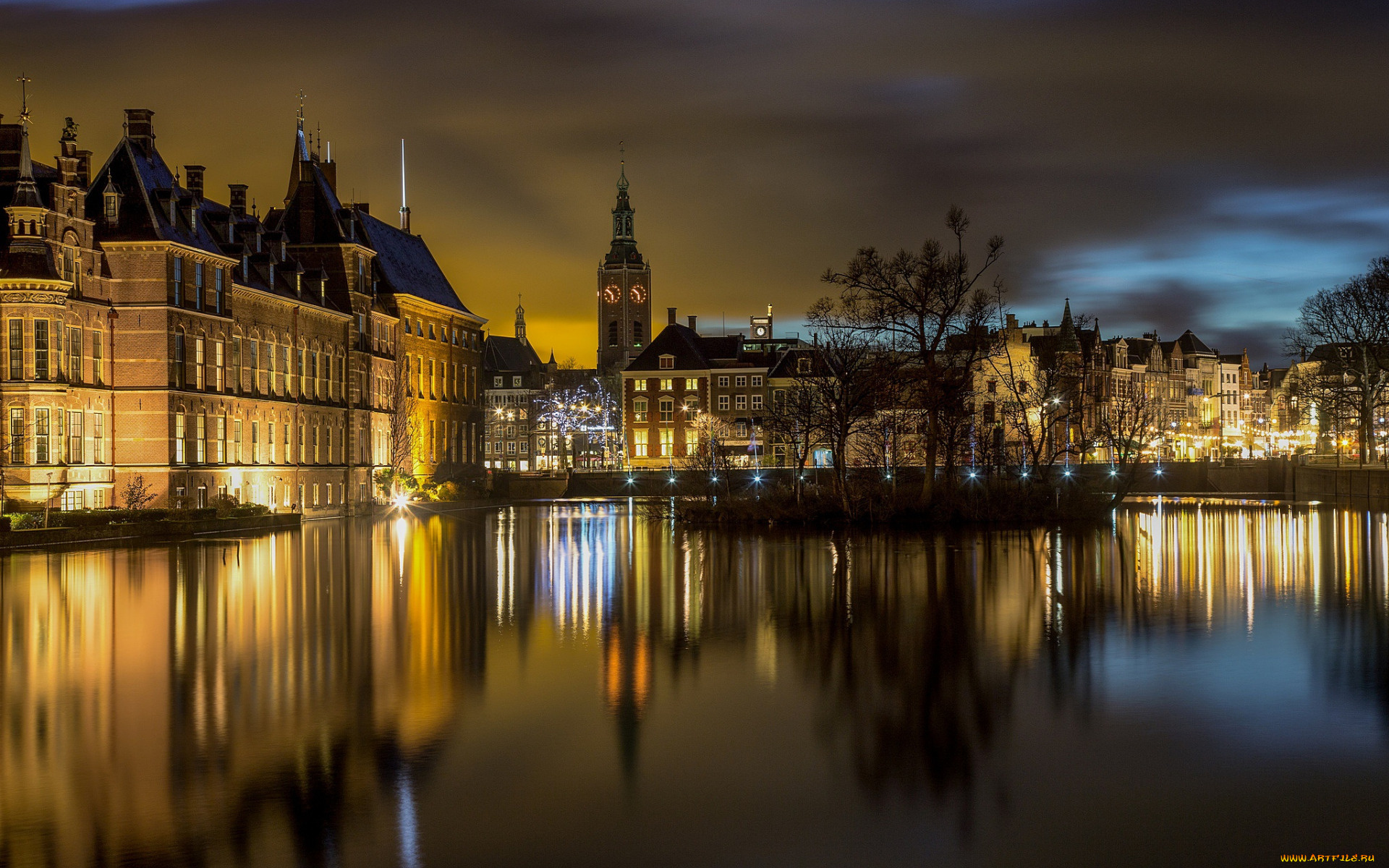 гаага, нидерланды, города, -, огни, ночного, города