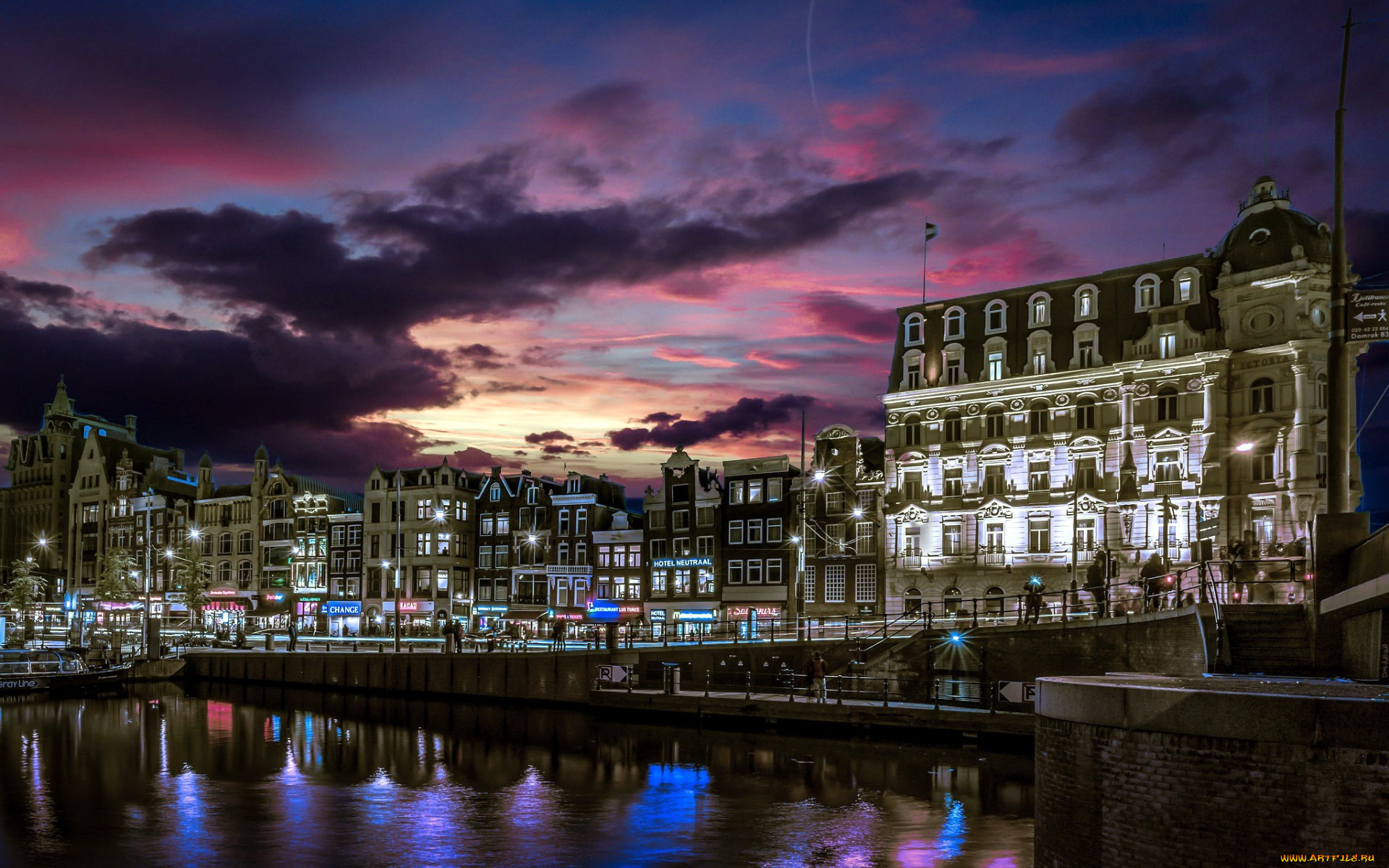 города, амстердам, , нидерланды, канал, огни, вечер
