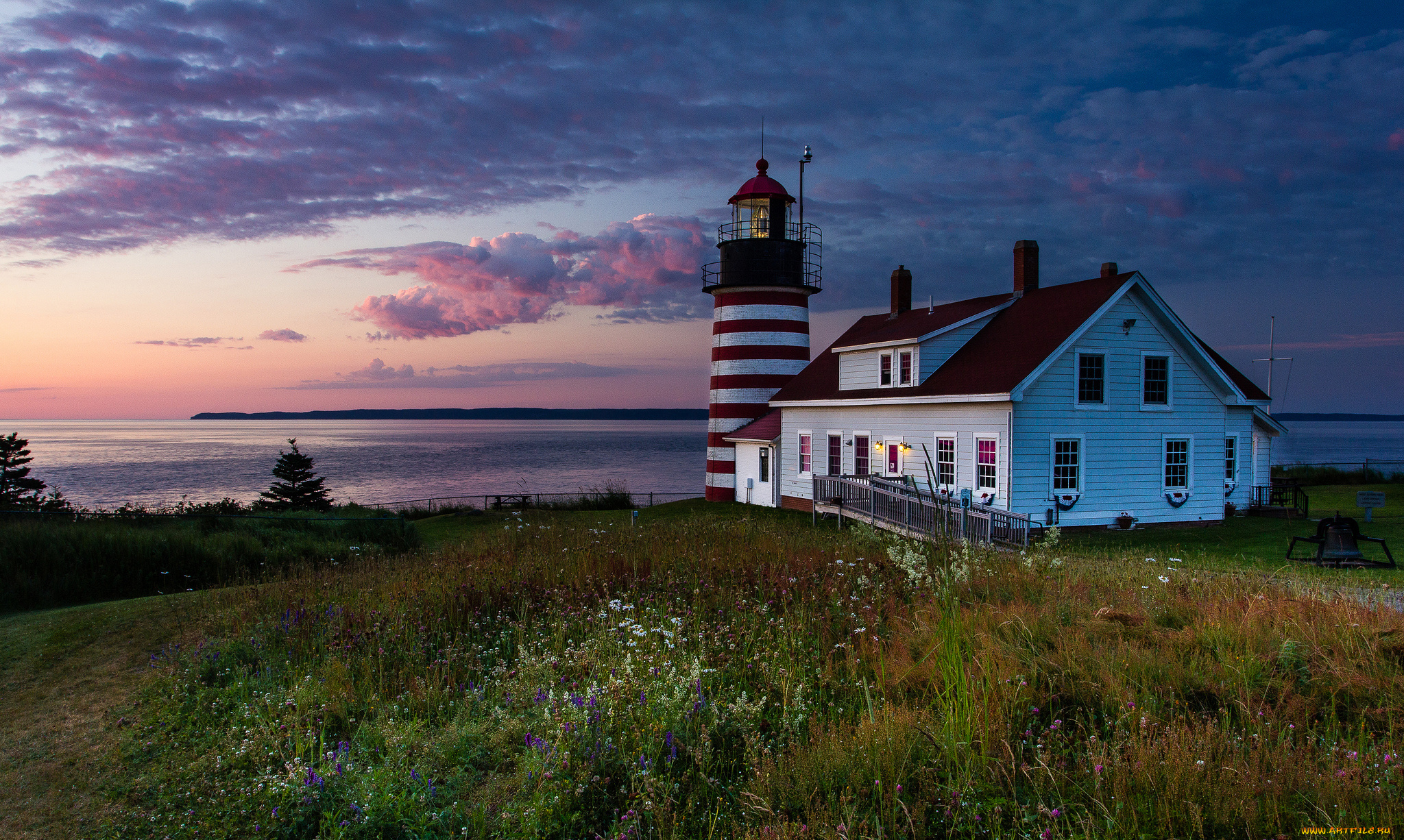 природа, маяки, трава, море, закат, тучи, небо, дом, маяк