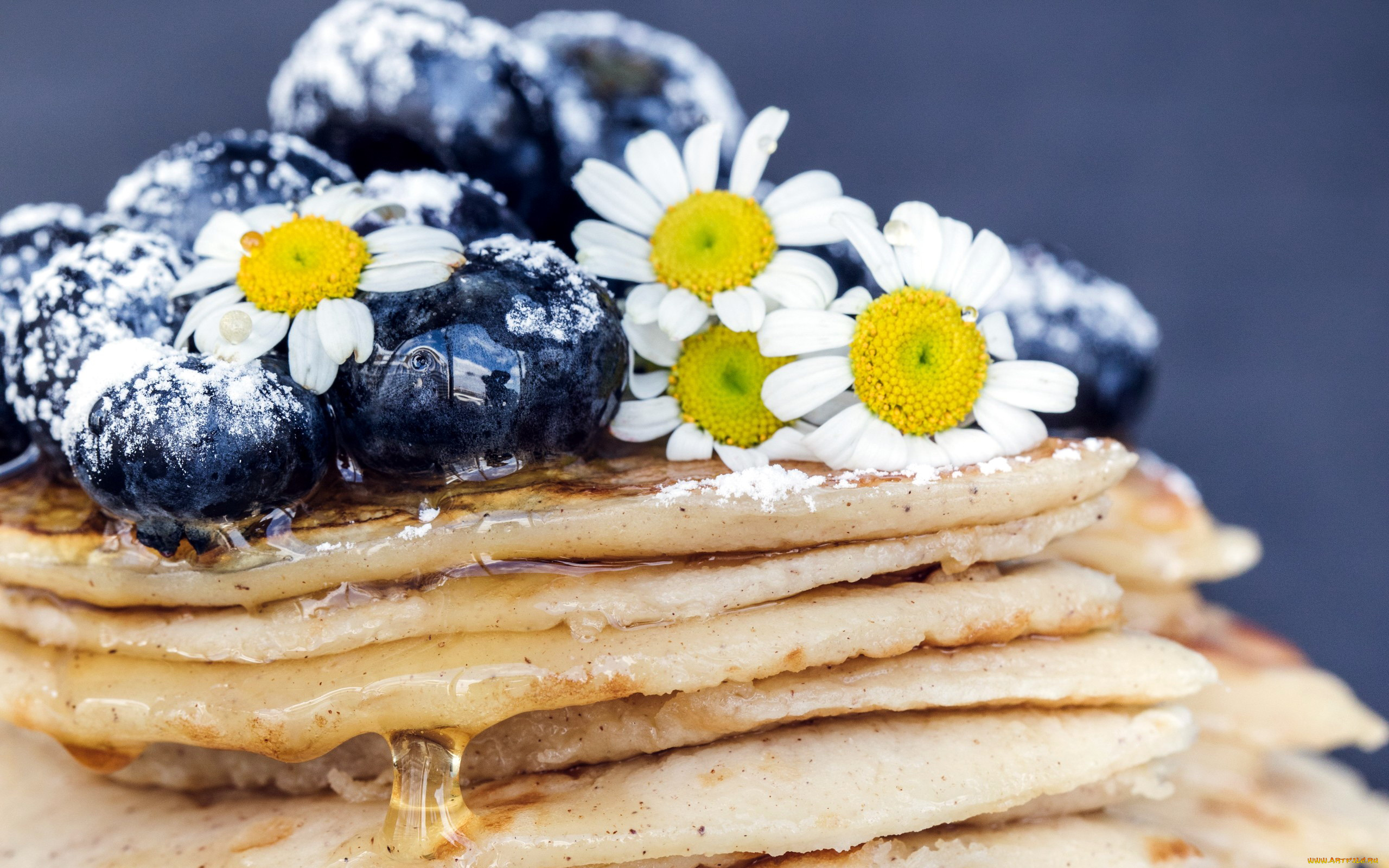 еда, блины, , оладьи, ромашки, мед, черника