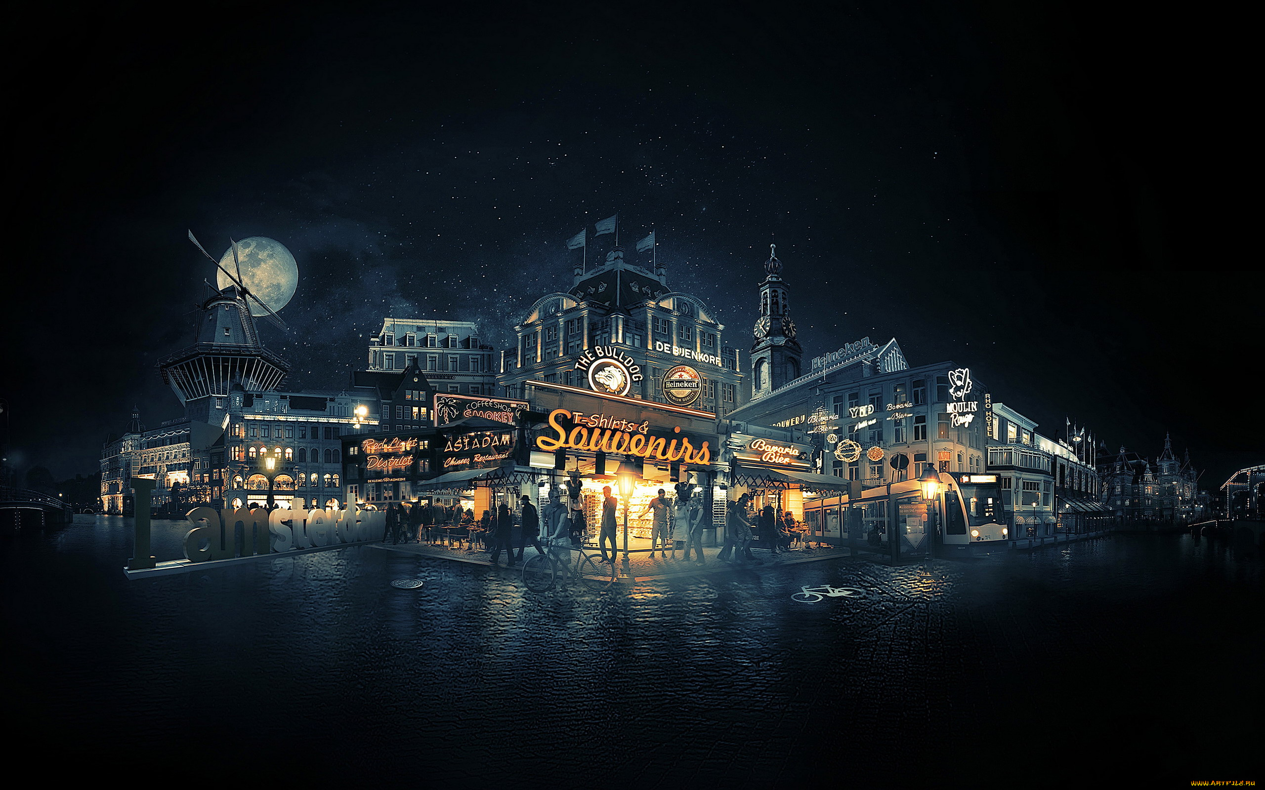 города, амстердам, , нидерланды, огни, вечер