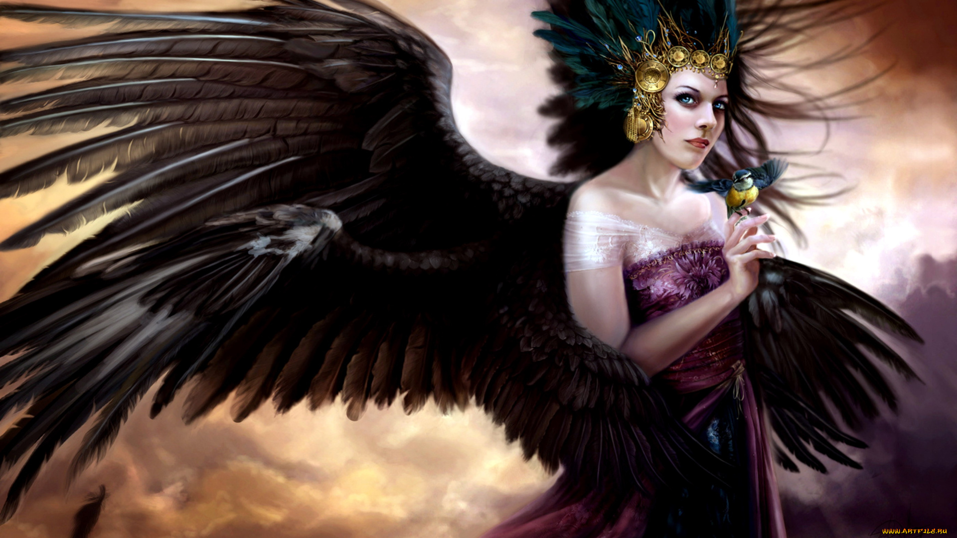 фэнтези, ангелы, девушка, крылья, птица, синица
