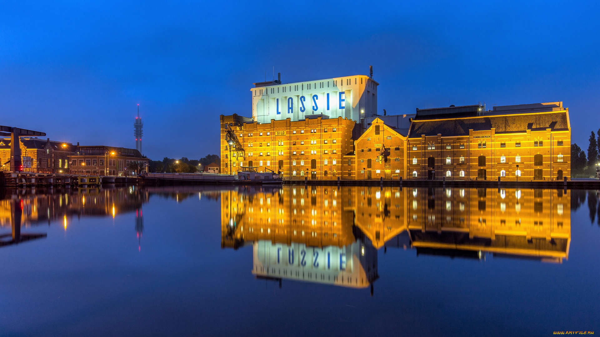 города, -, огни, ночного, города, нидерланды, фабрика, озеро, огни