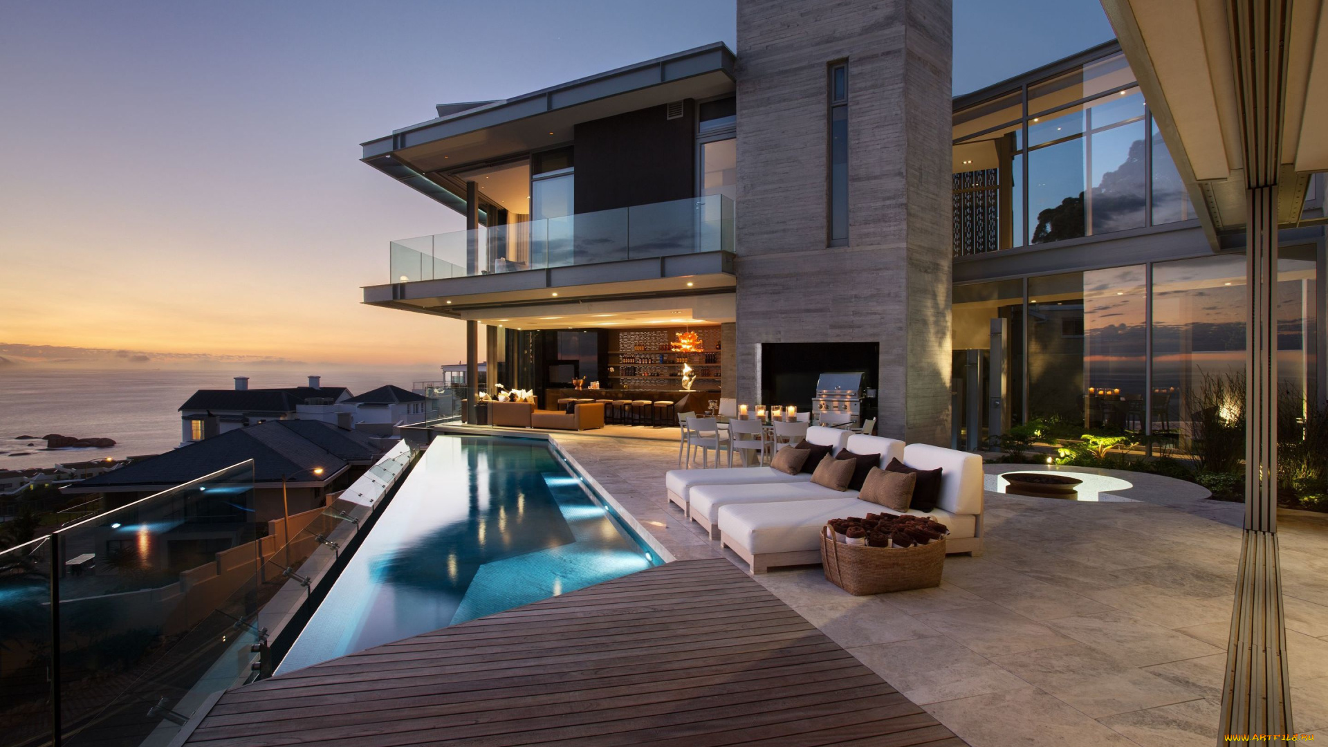 интерьер, бассейны, , открытые, площадки, вилла, вечер, бассейн, освещение, архитектура, юар, терраса, кейптаун, вид, на, океан, clifton, 2a, luxus, landing, page