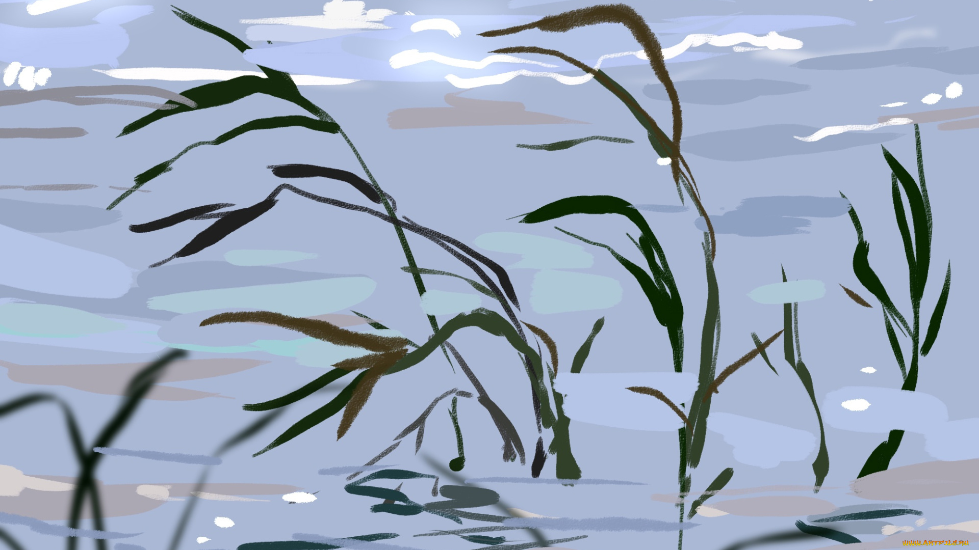 рисованное, природа, камыш, вода, озеро