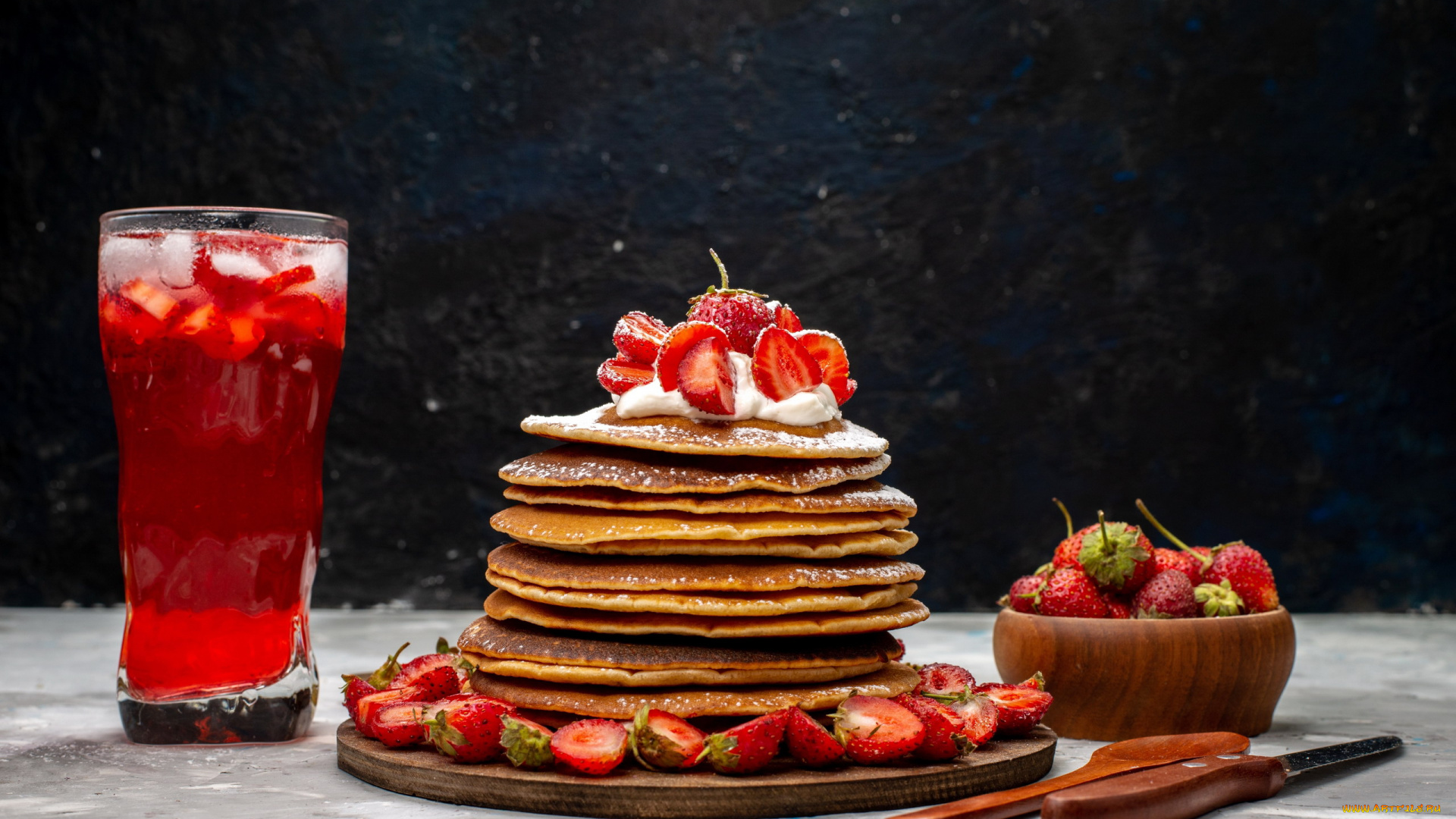 еда, блины, , оладьи, компот, панкейки, ягоды, клубника