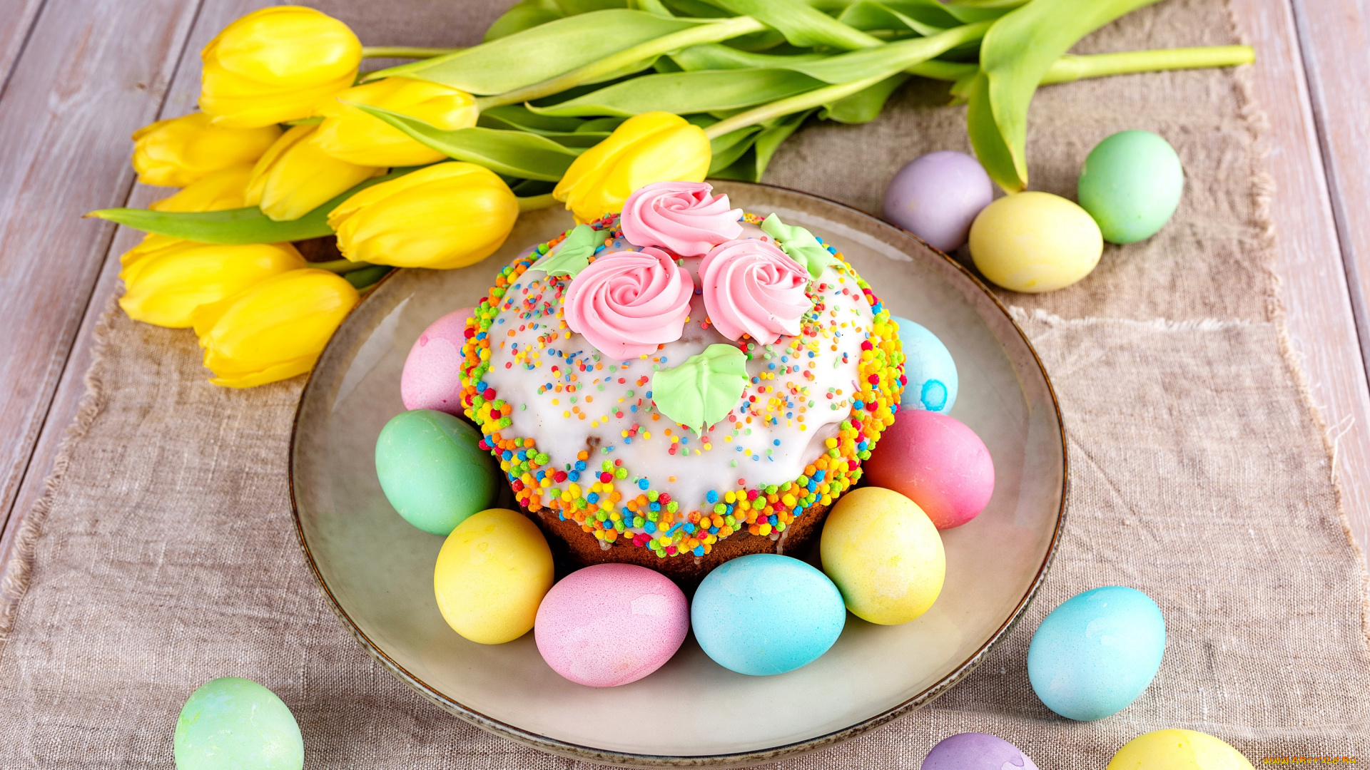 праздничные, пасха, цветы, яйца, весна, colorful, тюльпаны, happy, cake, yellow, кулич, flowers, tulips, spring, easter, eggs, decoration