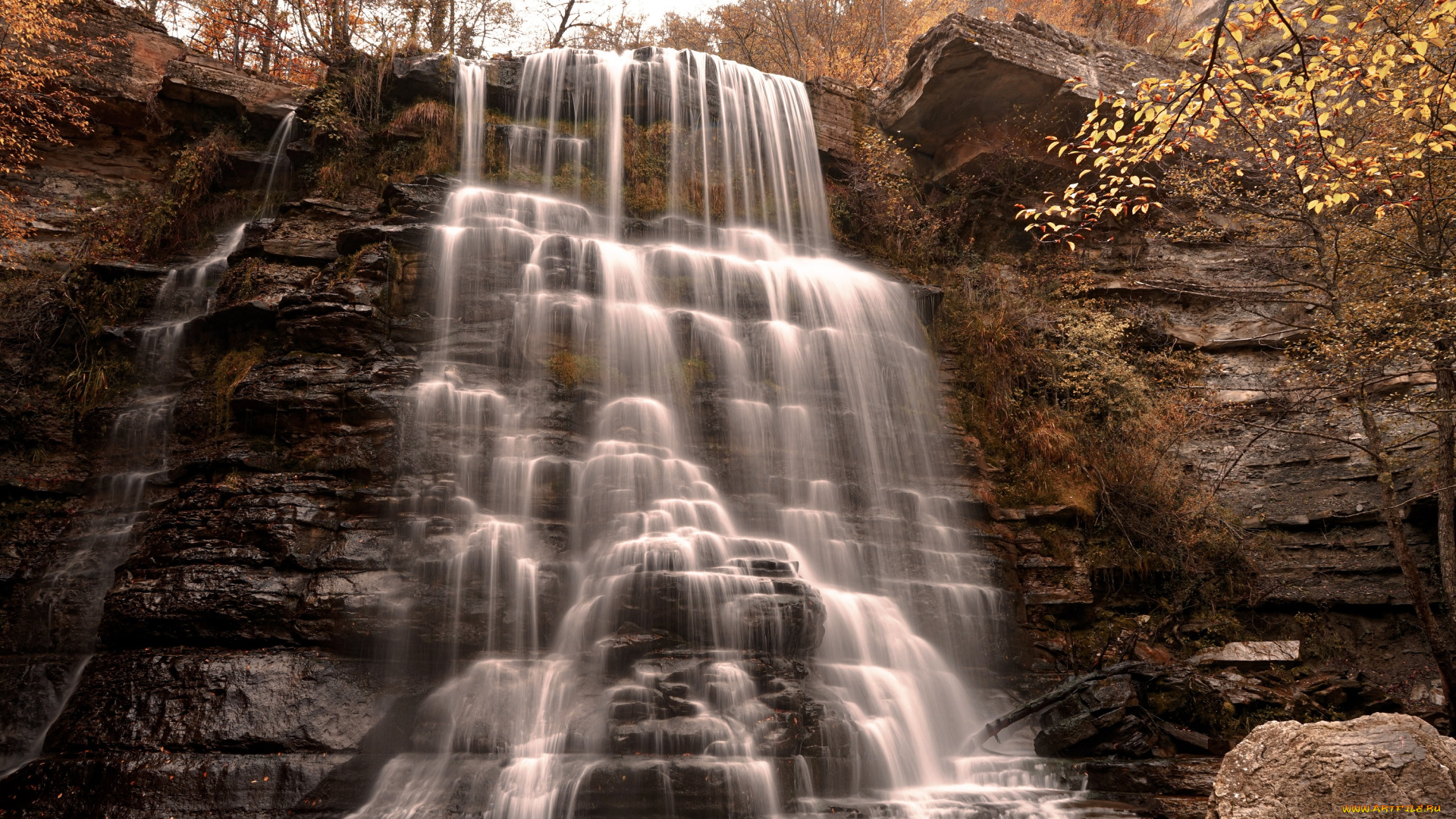 природа, водопады, осень, камни, скалы, водопад
