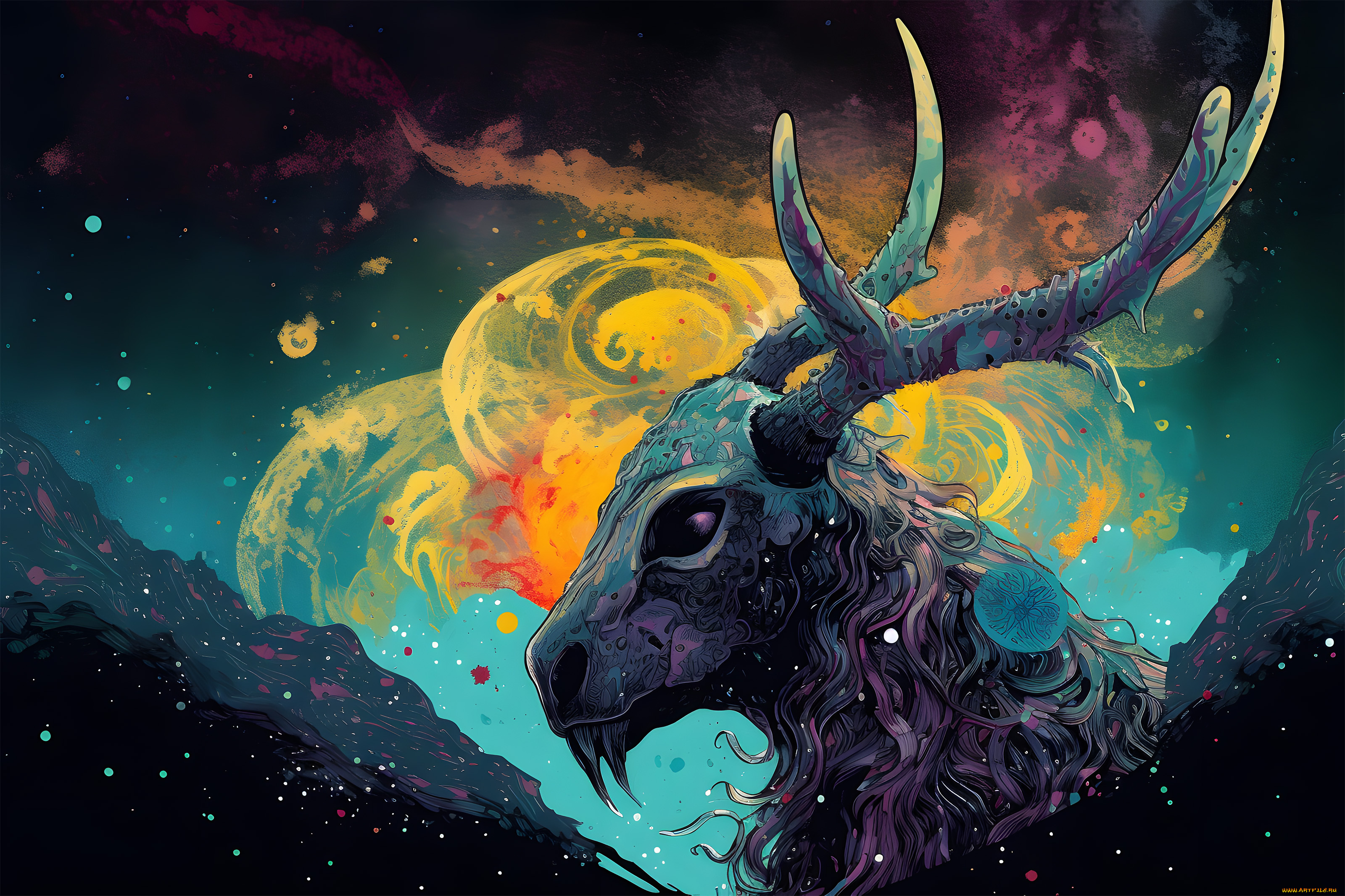 фэнтези, существа, олень, с, клыками