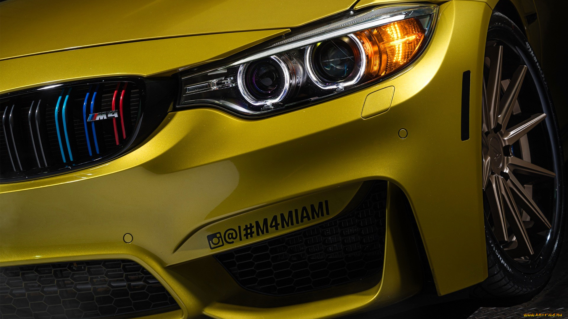 bmw, m4, автомобили, фрагменты, автомобиля, желтый, бампер, фары