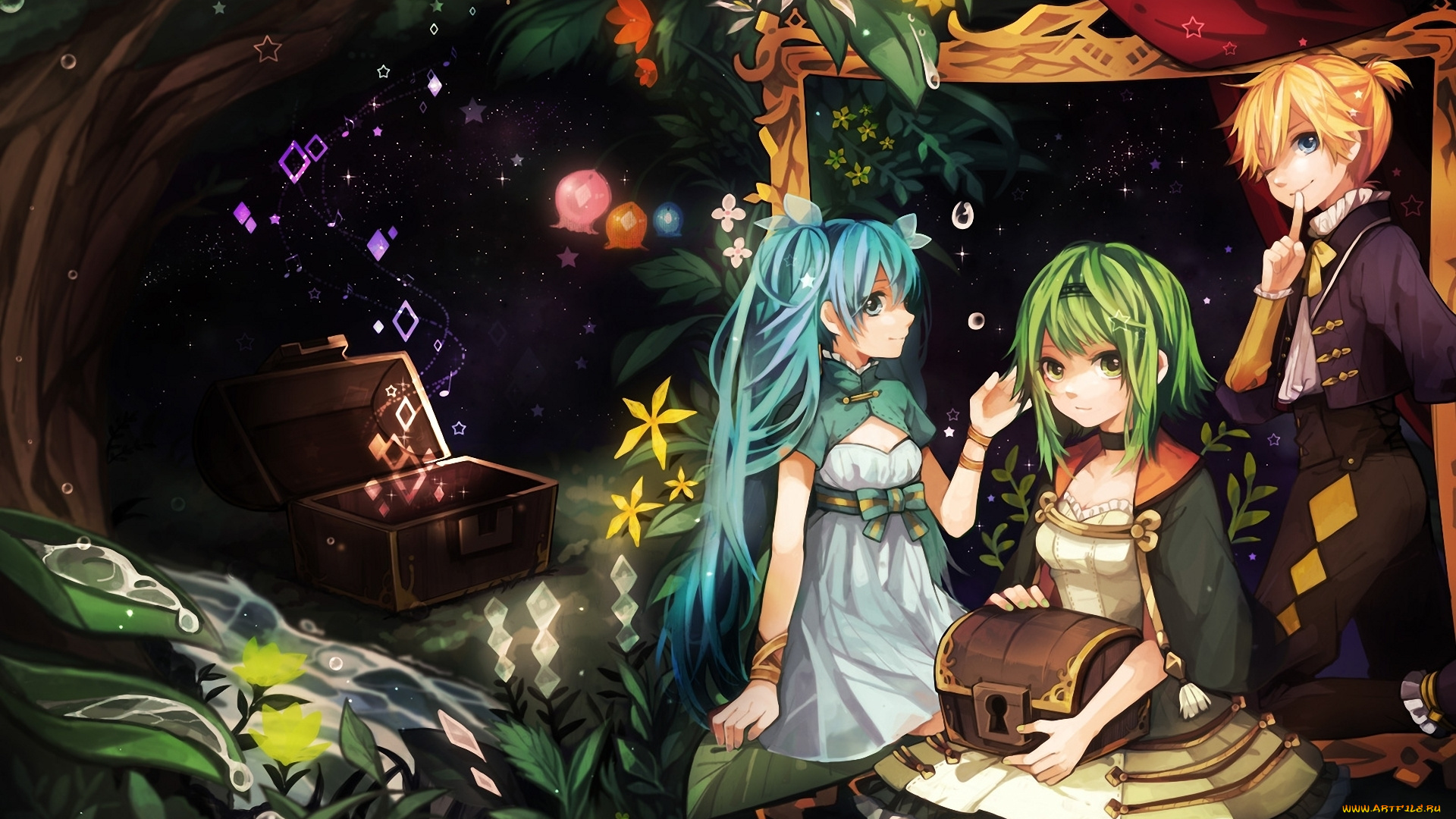 аниме, vocaloid, tama, gumi, hatsune, miku, kagamine, len, девочки, сундук, дерево, цветы