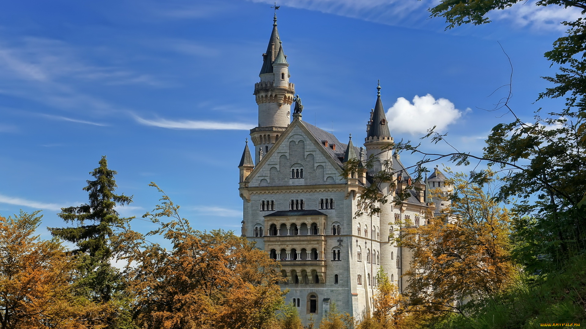 города, замок, нойшванштайн, германия, деревья, небо