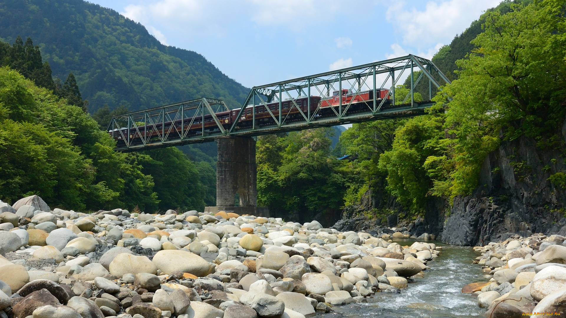 техника, поезда, горы, камни, река, мост