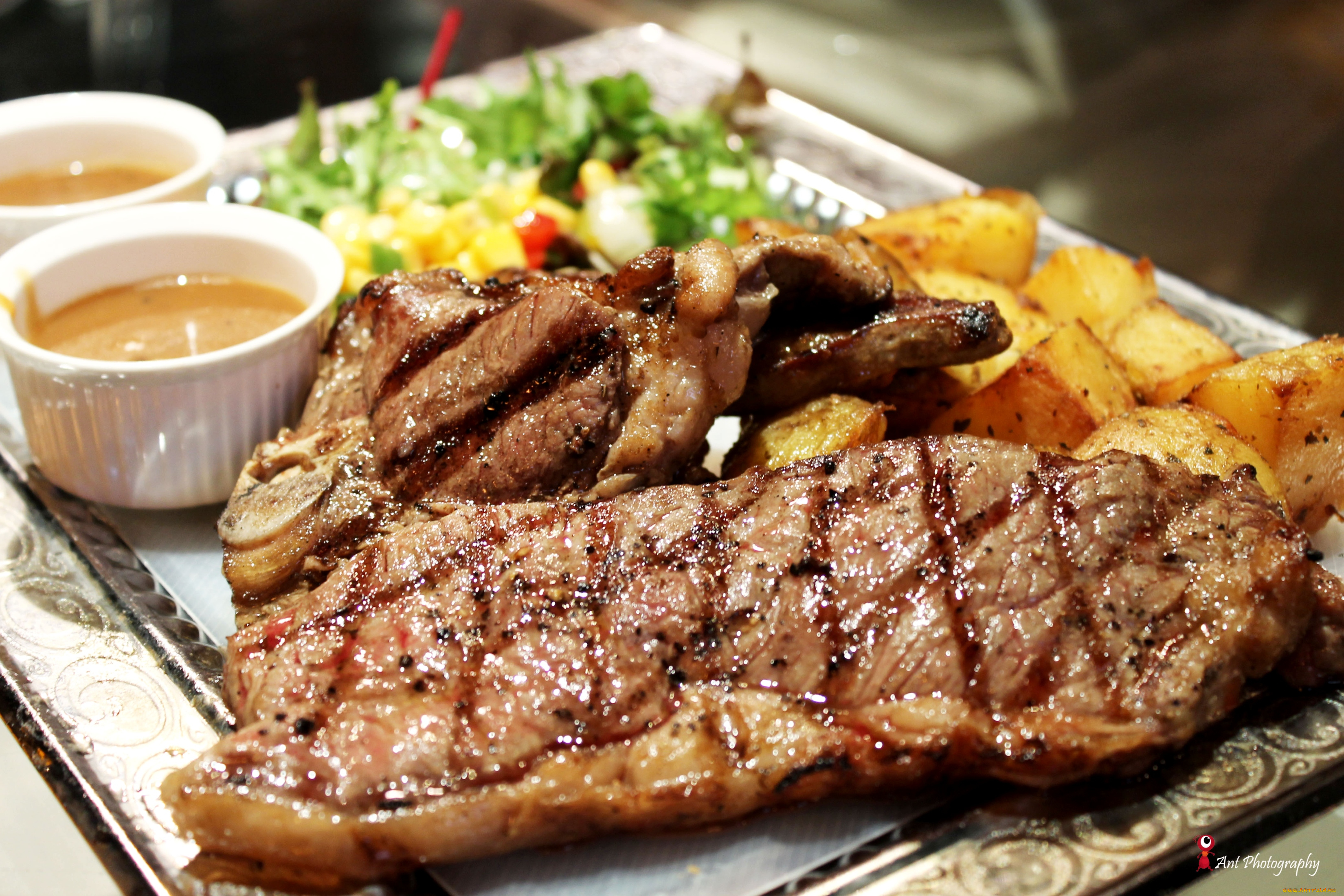 еда, мясные, блюда, мясо, гриль, картошка, соус