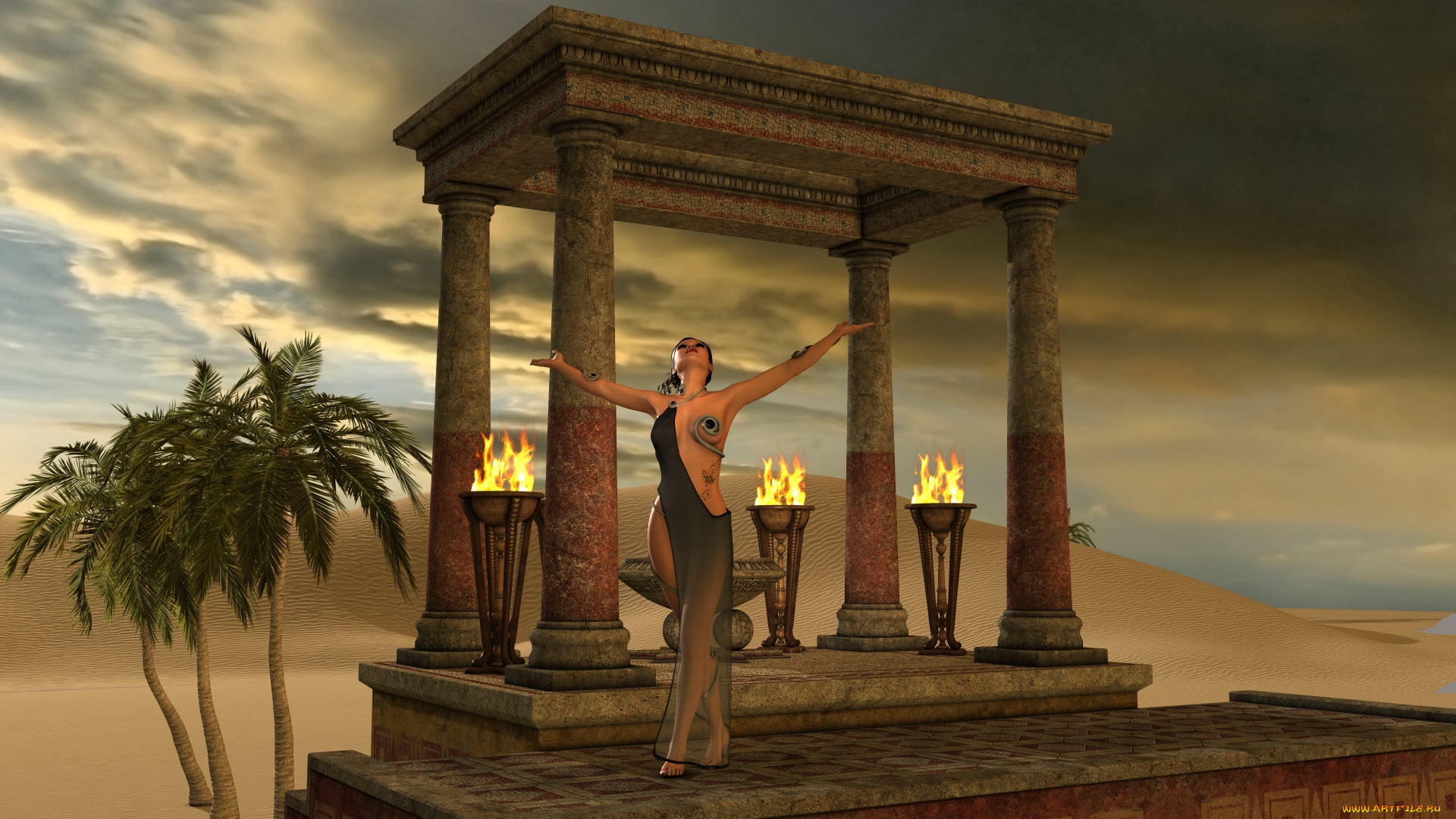 3д, графика, fantasy, , фантазия, девушка, пустыня, огонь