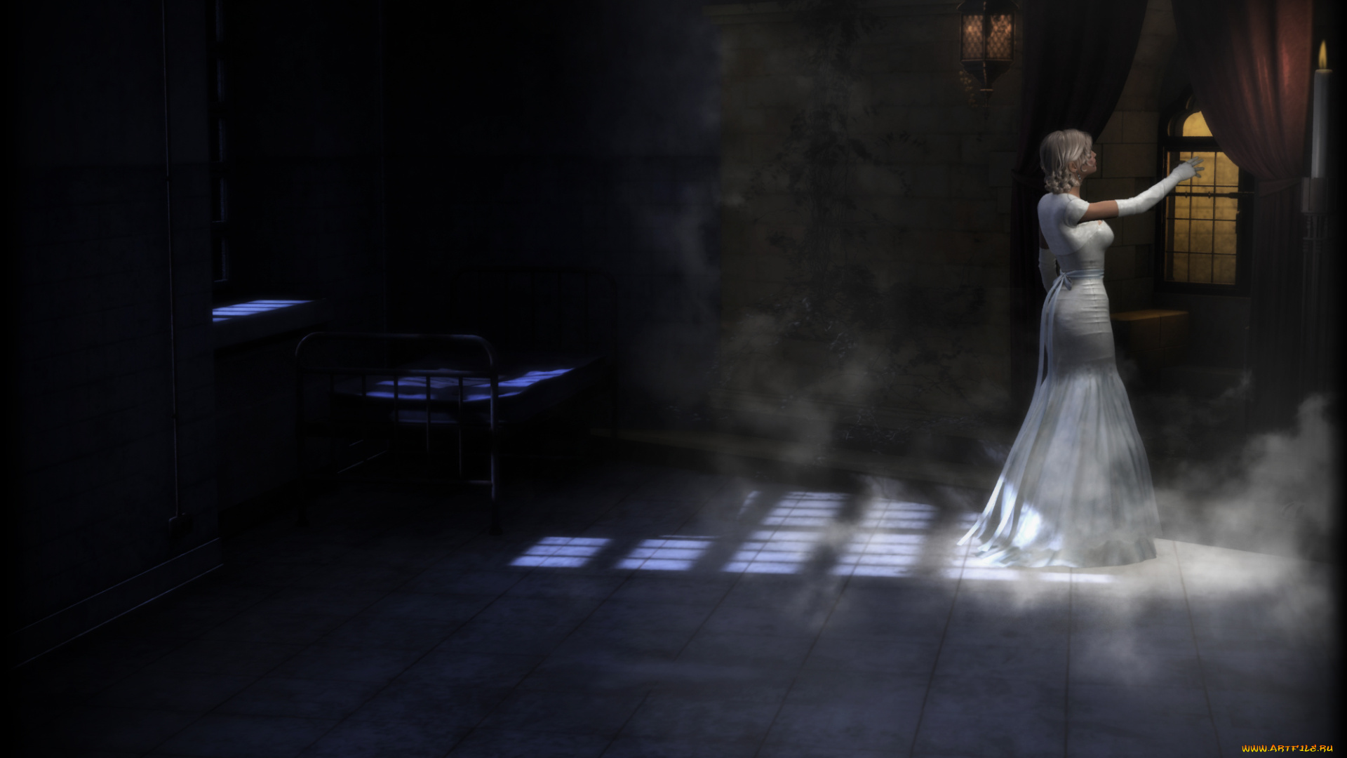 3д, графика, people, , люди, девушка, комната, ночь, свеча, окно