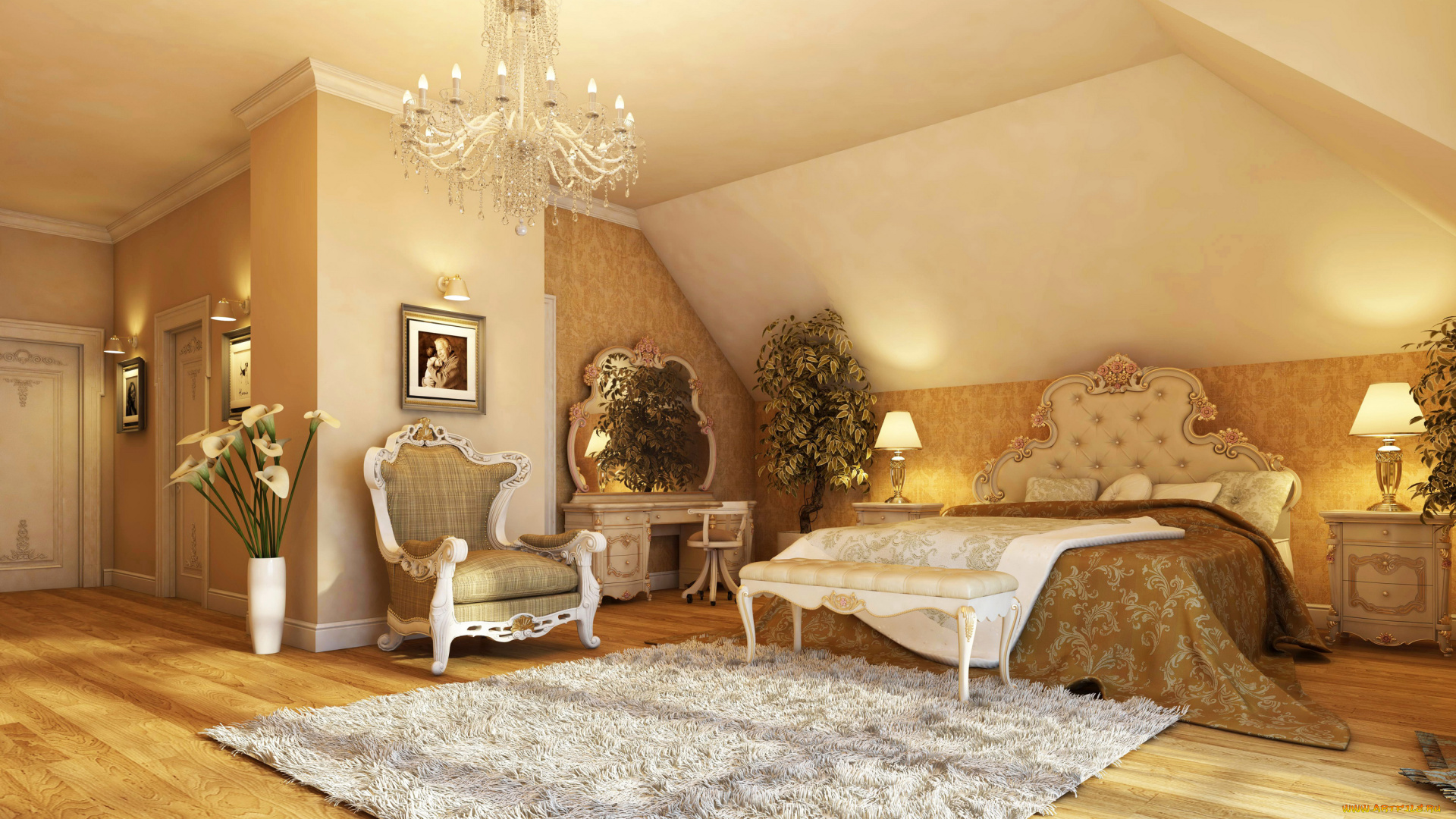 3д, графика, realism, , реализм, спальня, дизайн, кровать, люстра