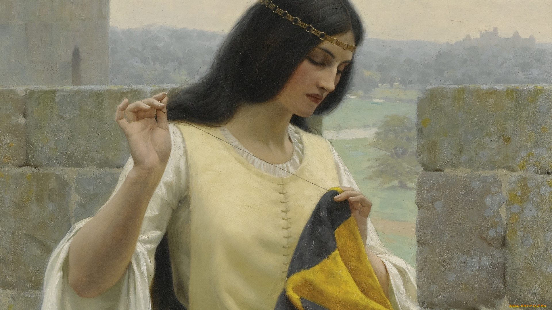 edmund, blair, leighton, рисованные, полотнище, королева, девушка, штандарт, знамя, дева, картина, шитьё, штандарта, средневековье, замок