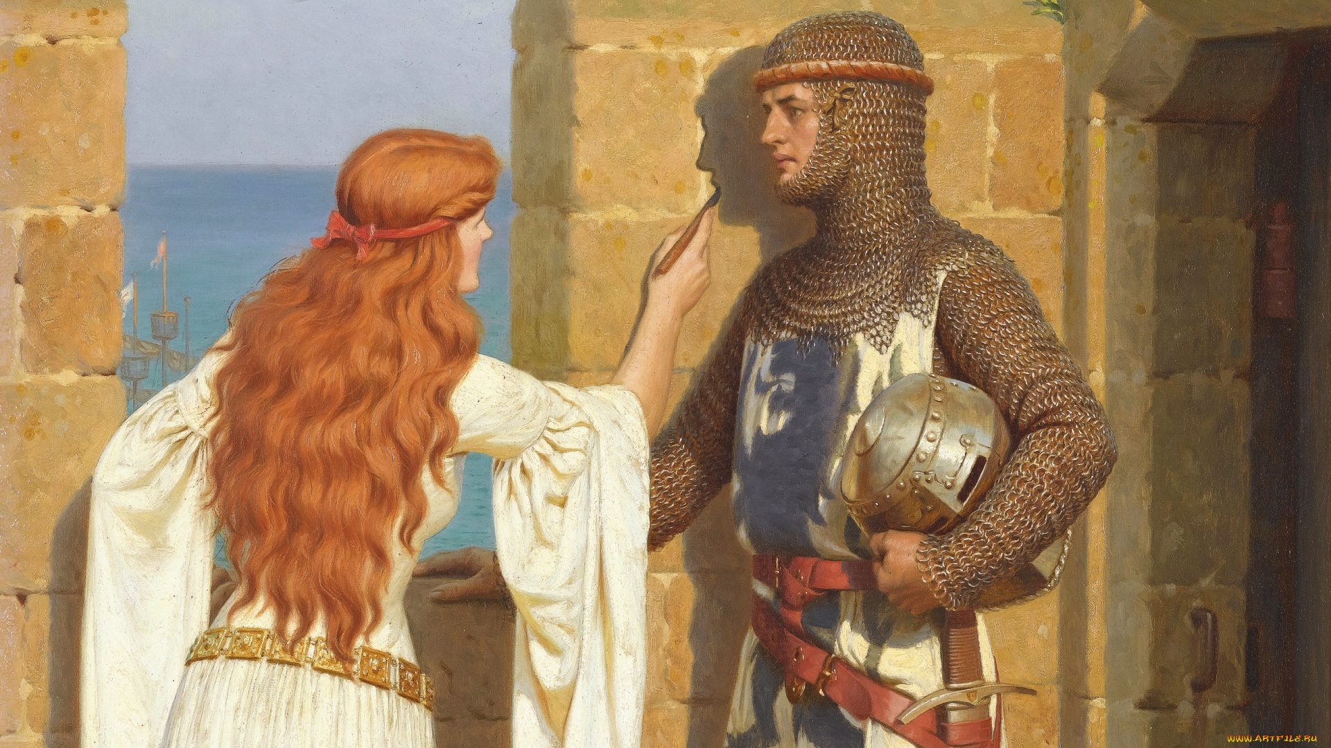 edmund, blair, leighton, рисованные, средневековье, тень, картина, любовь, замок, крепость, стена, дева, рыцарь, доспехи