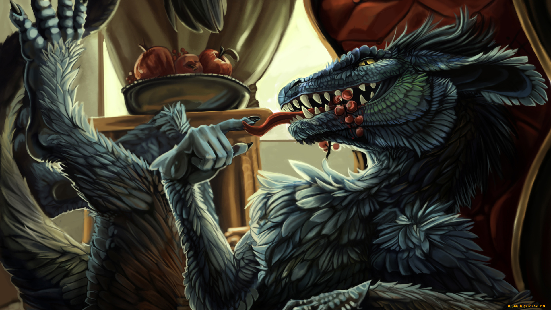 фэнтези, драконы, существо, монстр, чудовище, стол, ваза, фрукты