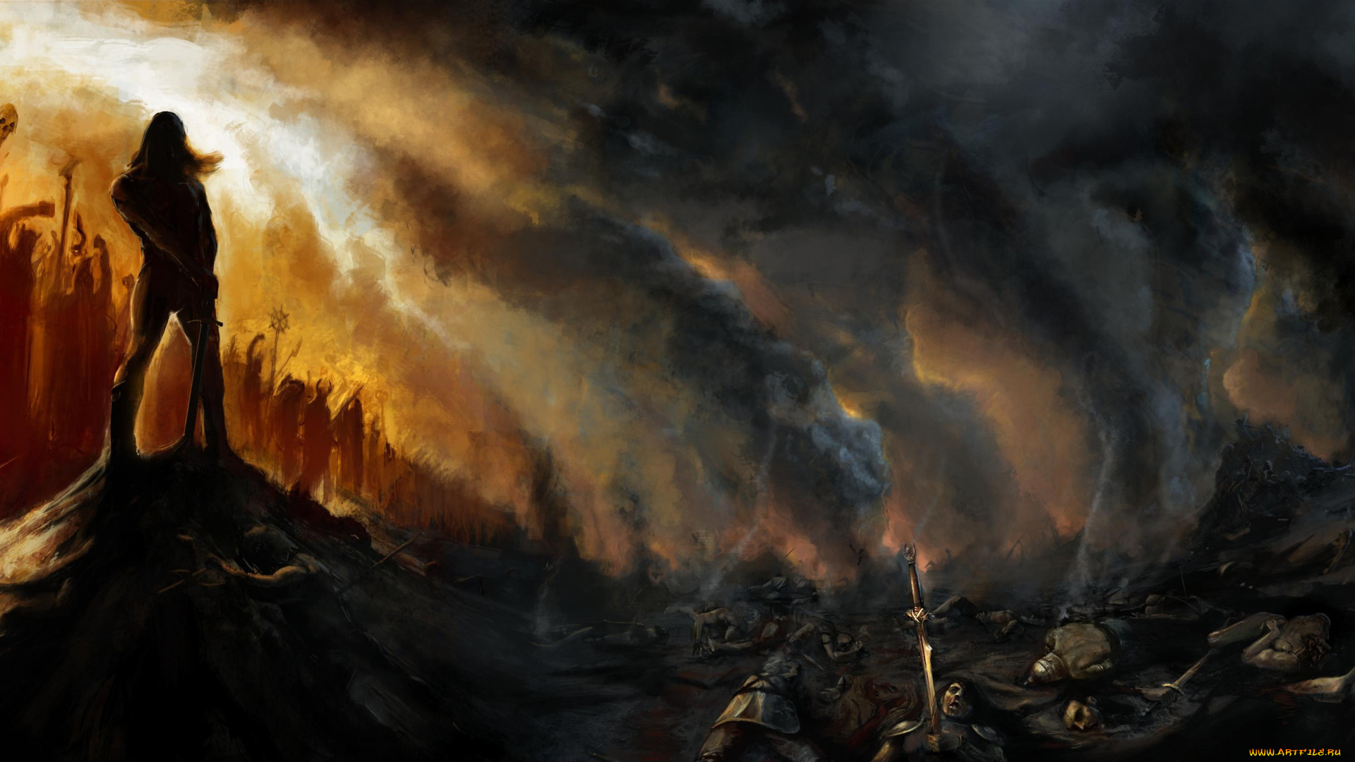 фэнтези, люди, демоны, павшие, тела, битва, поле, воин