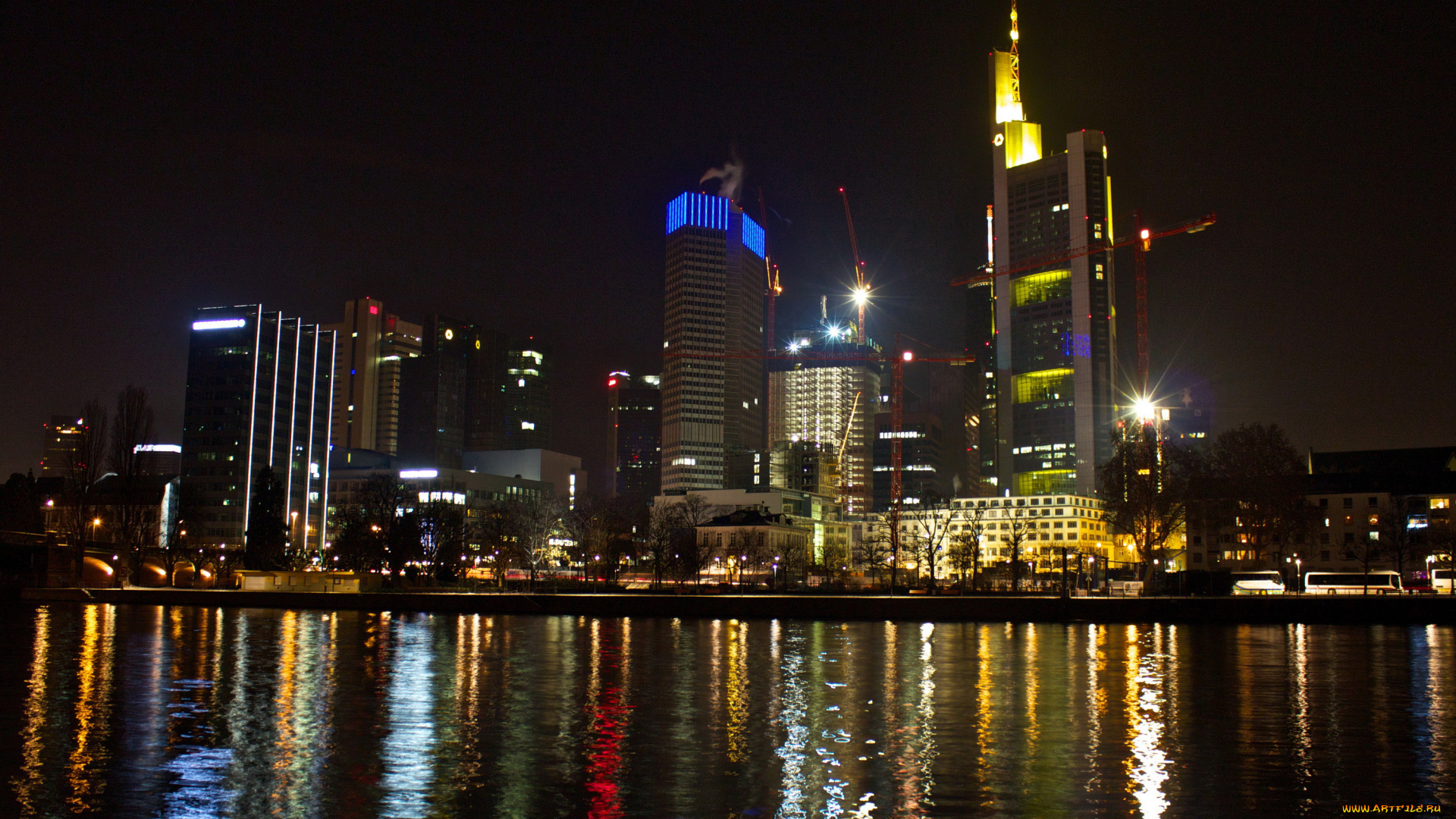 франкфурт, на, майне, города, -, огни, ночного, города, дома, река, ночь, огни