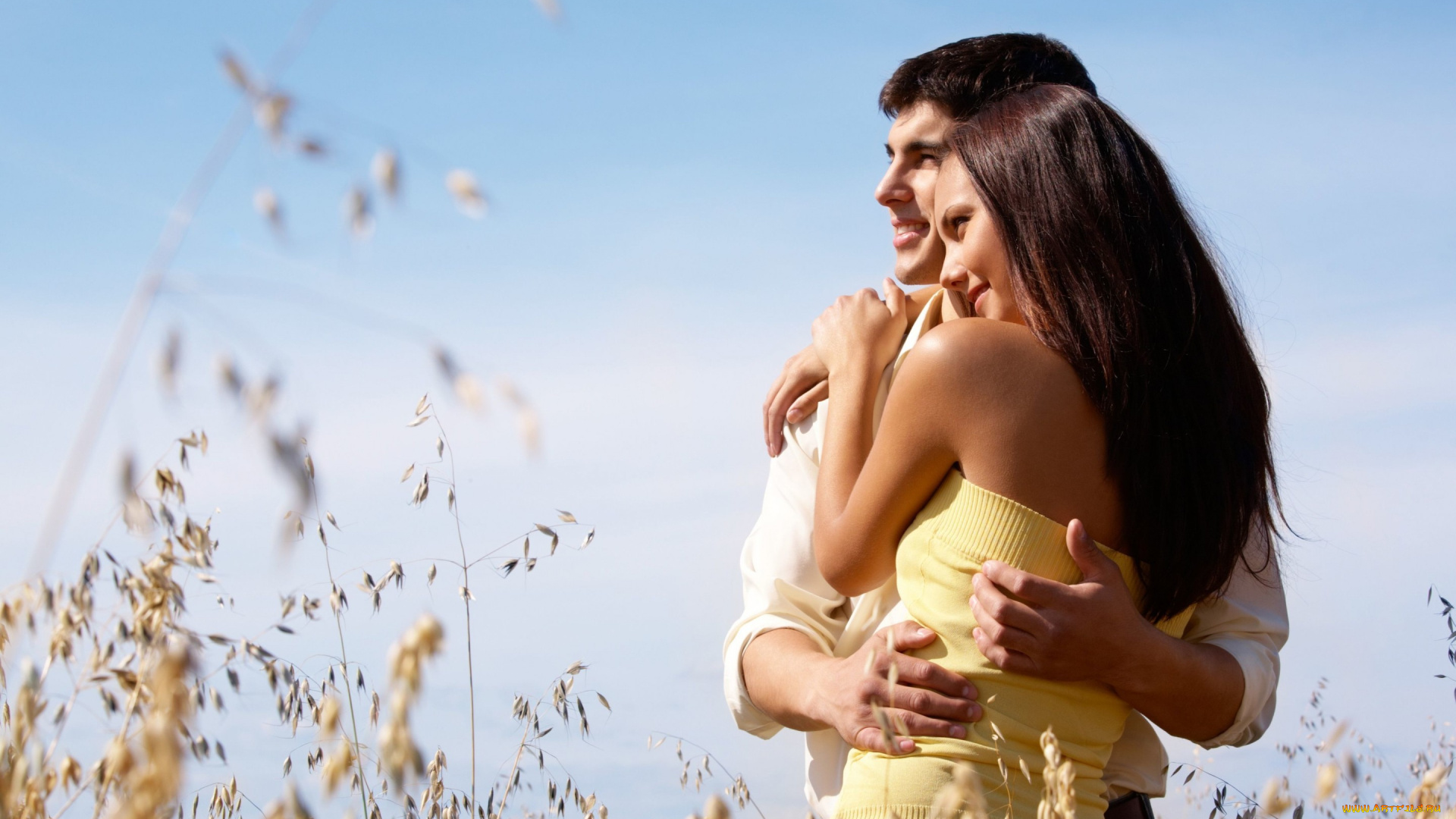 разное, мужчина, женщина, брюнет, мужчина, улыбка, love, любовь, растение, объятия, влюбленные, брюнетка, пара, парень, женщина, девушка, природа